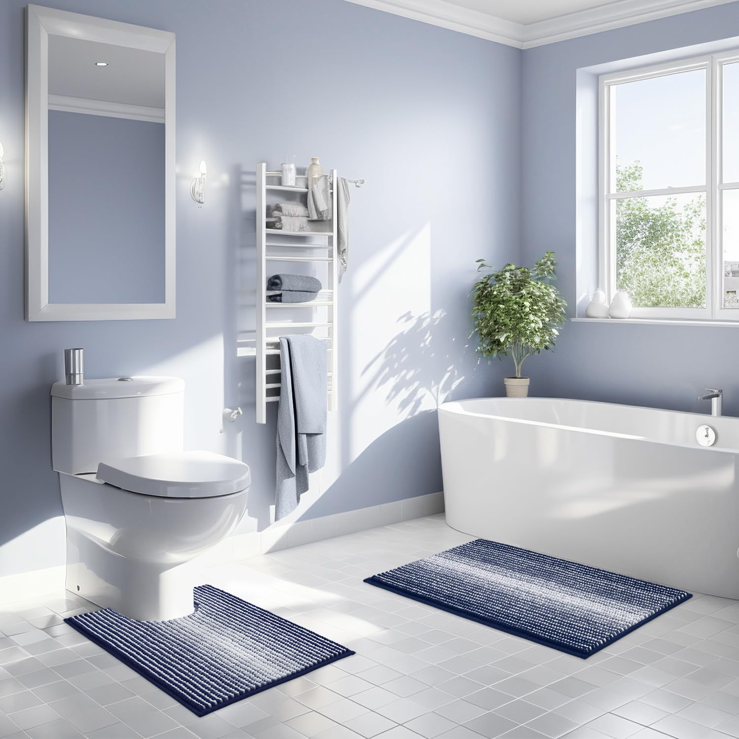 Juego de 2 alfombras de baño, alfombras de inodoro en forma de U, juego de alfombras de baño de contorno para inodoro, alfombra de baño de felpilla suave y absorbente, de secado rápido, lavable (azul