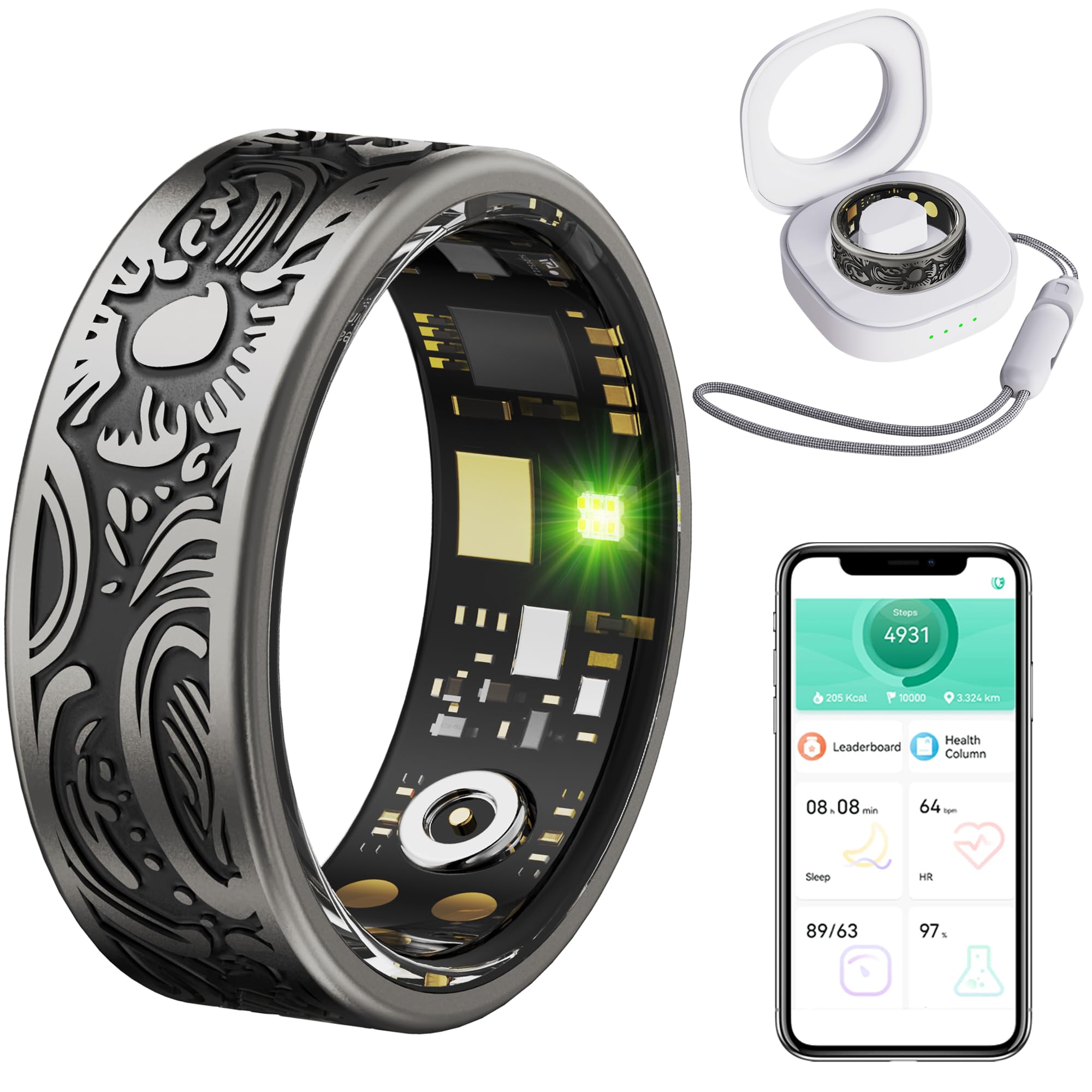 Yihou Smart Ring Heart Rate Monitor Sleep Tracker Fitness Rings Step Counter Pedometer Waterproof Health Vintage Smart Rings for Men Women Unique Anillo Inteligente, No Subscription Fee-image-48