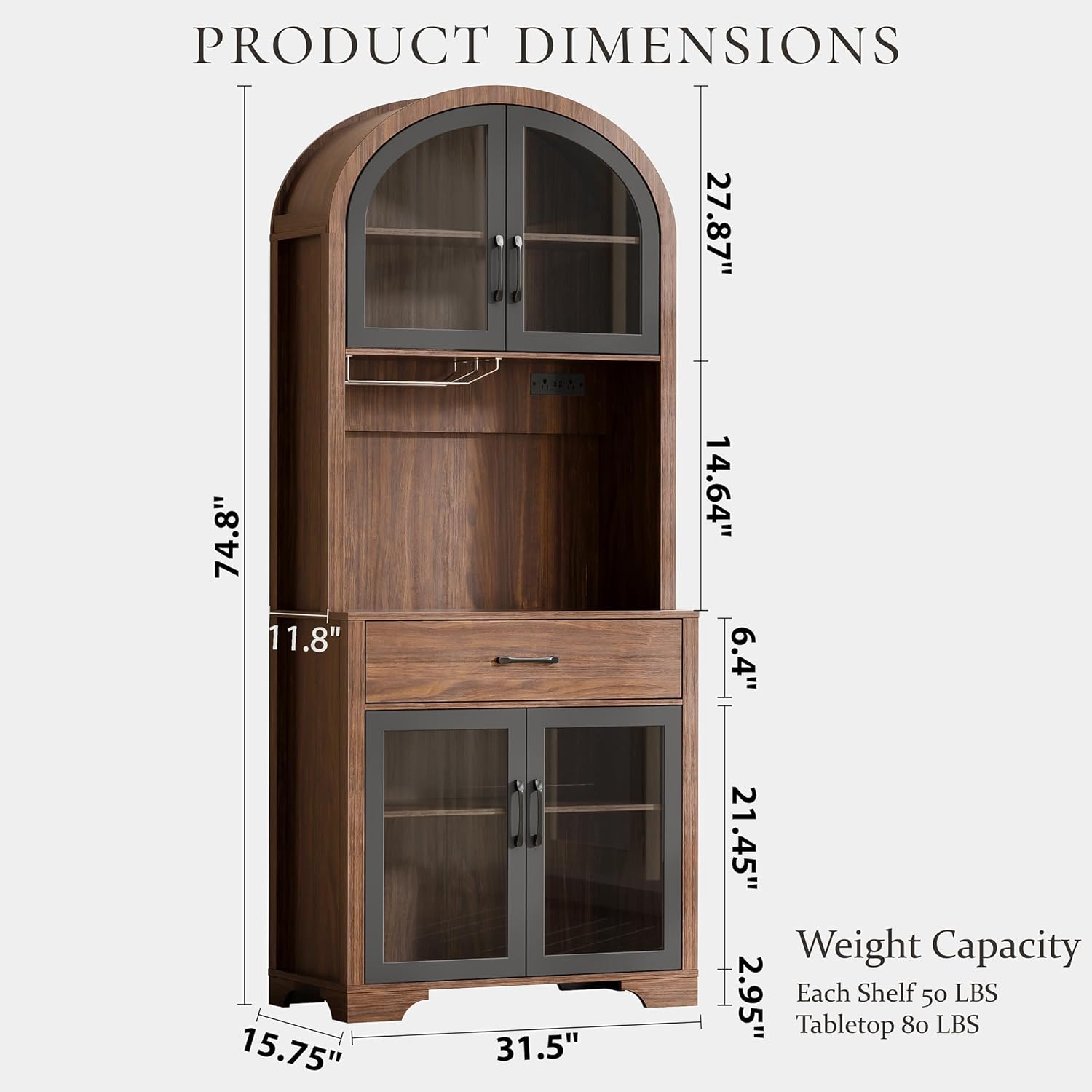 71" Tall Arched Pantry Cabinet with Charging Station & LED Light, Kitchen Pantry Cabinet with Microwave Stand, Drawers and Adjustable Shelf, Coffee Bar Liquor Cabinet for Dining Room