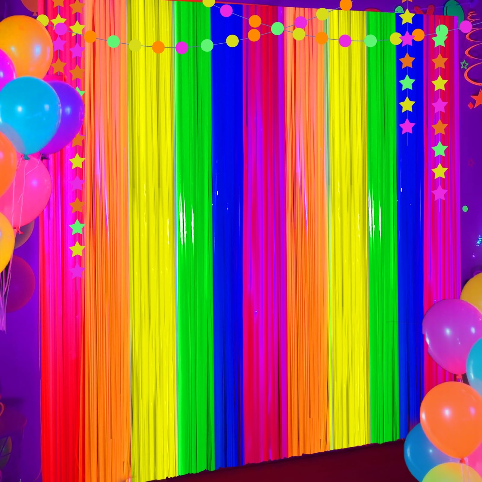 4 Packs Glow in the Dark Foil Fringe Curtain, Macaron Rainbow Blacklight Reactive Fluorescent Tinsel Backdrop Neon Luminous Streamers for Birthday,