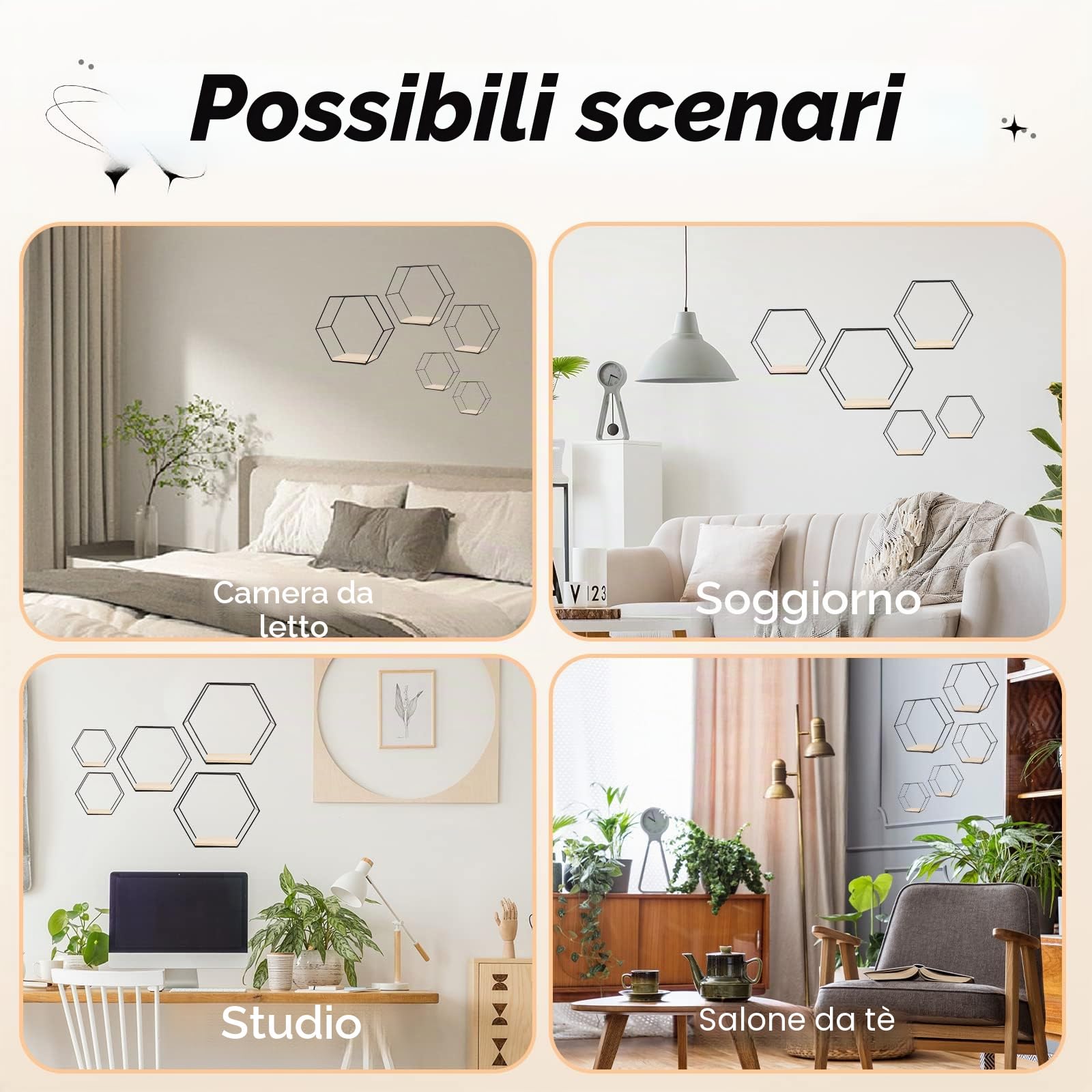 Set di 5 mensole da parete esagonali in ferro, scaffali metallici per cucina, bagno, soggiorno, camera da letto, ufficio, scaffale in metallo galleggiato, visualizzazione pianta, libri (nero 5)