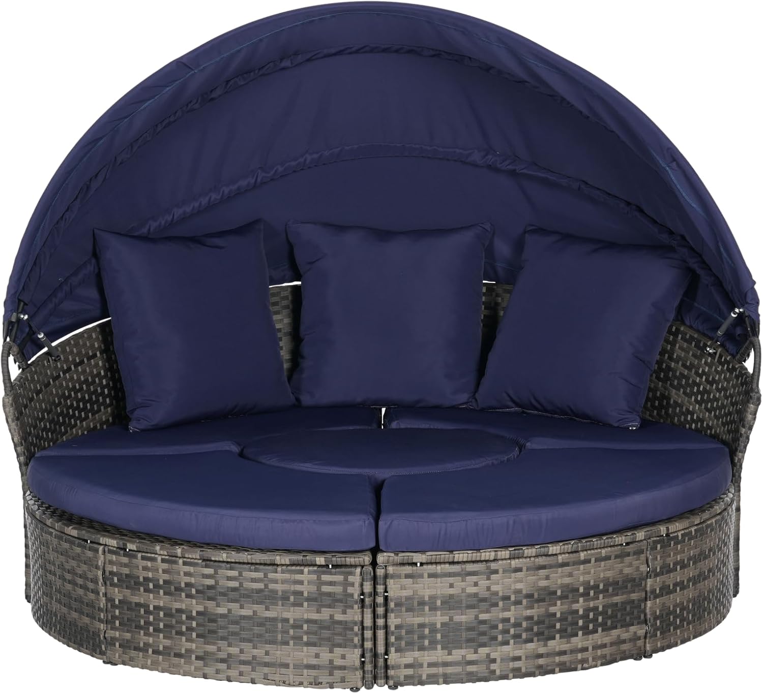 5pcs Outdoor Patio Round Daybed Set, Conversation with Retractable Canopy, Soft Cushions & Storable Table for Porch, Backyard (Dark Blue)