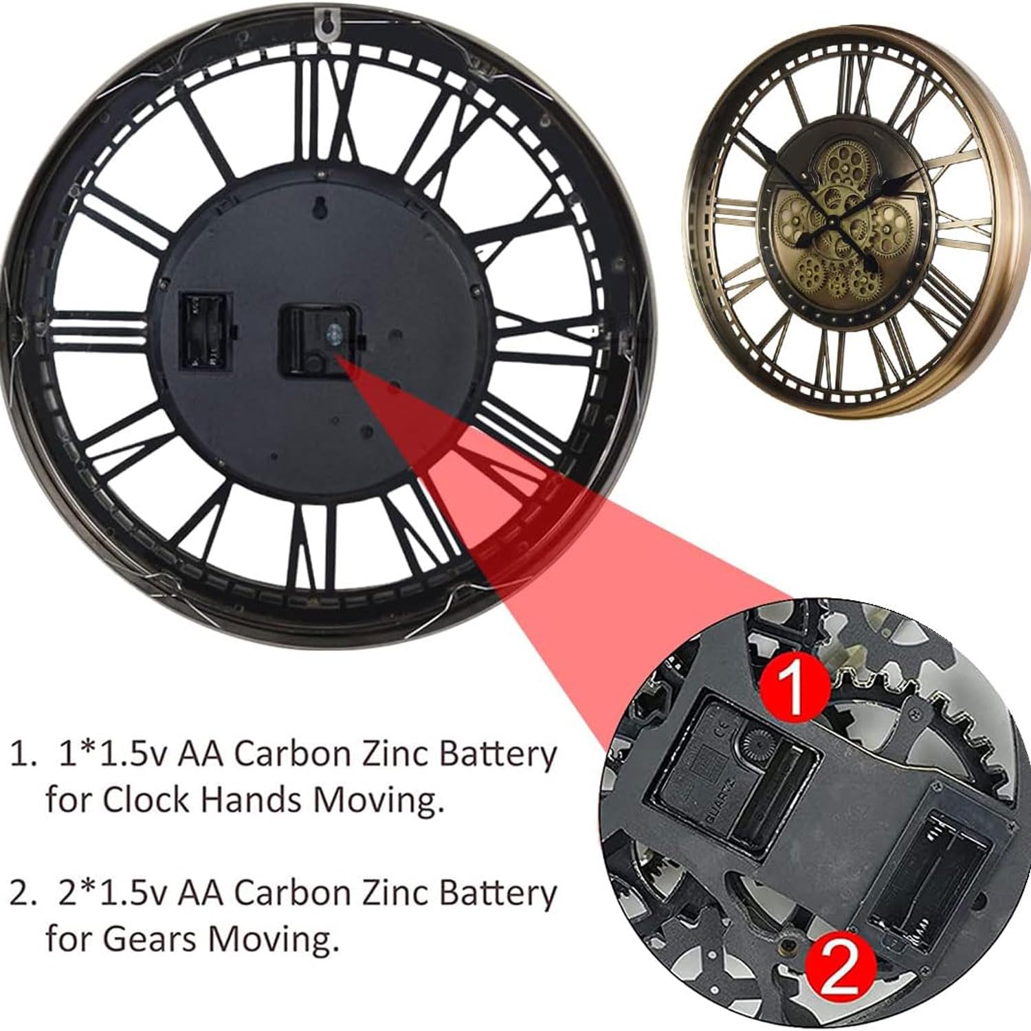 Moving Gears zegar ścienny, mechaniczny zegar zębaty retro vintage do salonu przemysłowy metalowy szkielet zasilany baterią cyfry rzymskie