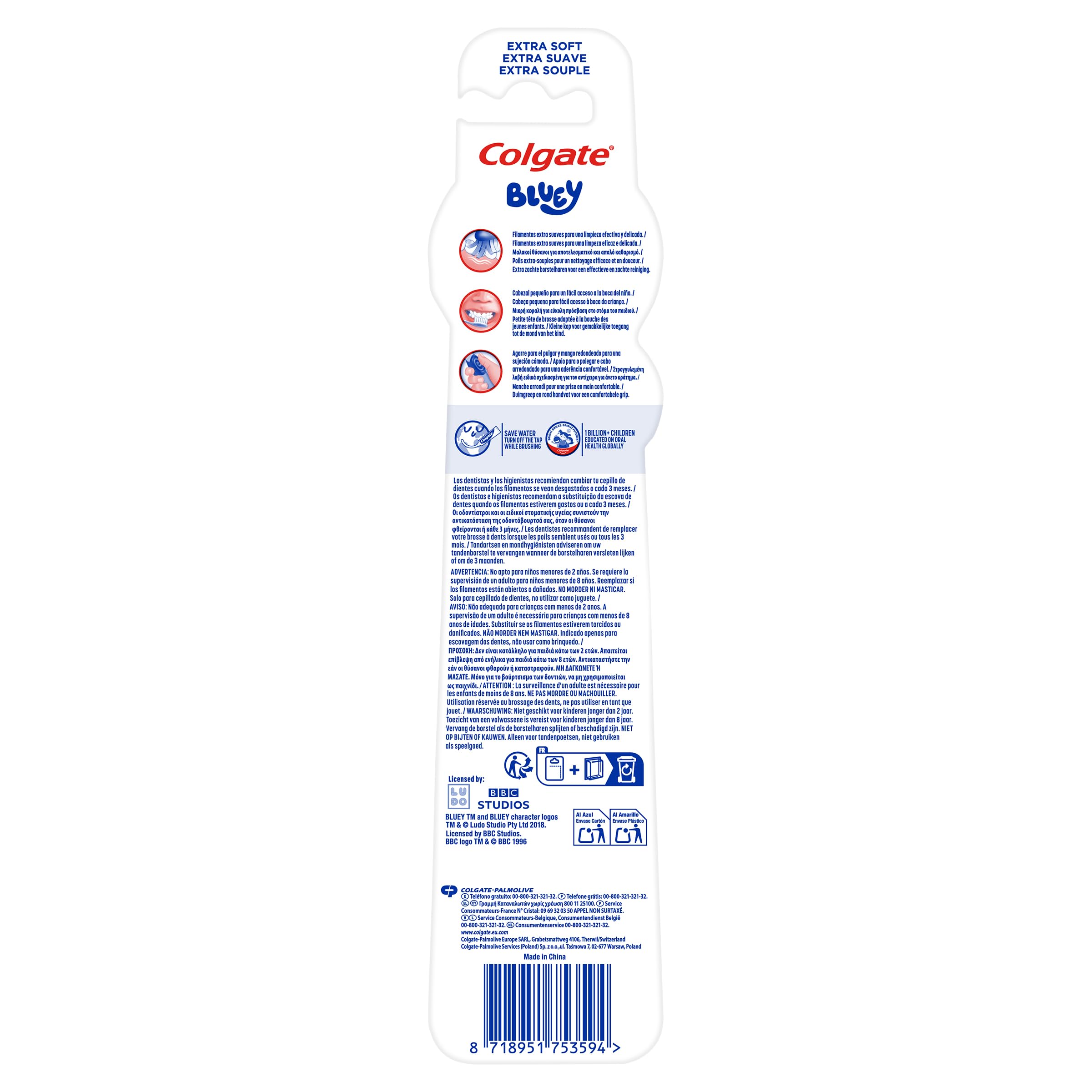 Colgate Pack 12 x 2 Cepillos de dientes Kids Bluey 2-5 años, cepillo de dientes infantil, cabezal pequeño, filamentos extra suaves para una limpieza delicada, mango redondo para un agarre cómodo