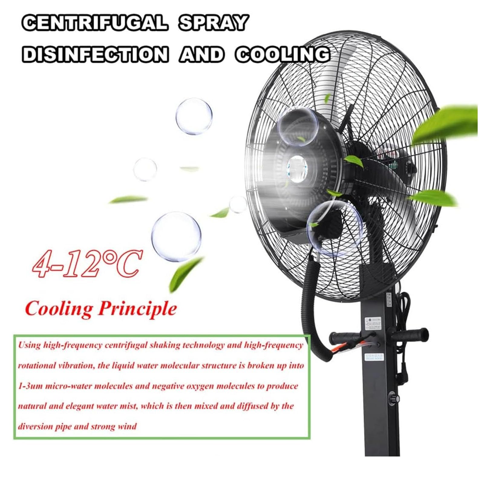 Ventilador industrial de pedestal de 66 cm, ventilador de nebulización de alta velocidad con 3 velocidades, rociador de agua oscilante para uso en interiores e invernaderos