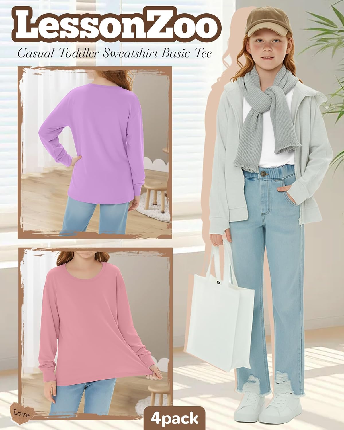 4 Pack Girls Long Sleeve Shirts Kids Loose Round Neck Casual Toddler Basic Tops Soft Cute Tween Youth Tee - Image 6