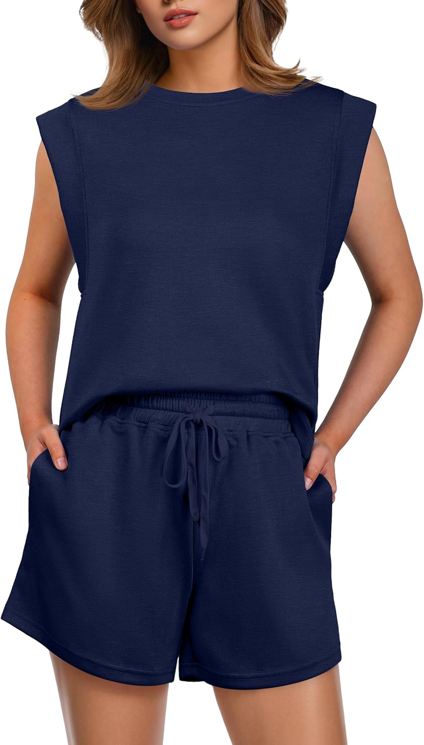 GRECERELLE 2026 Women's Summer 2 Piece Outfits Round Neck Cap Sleeve Top with Pocket Short Sets