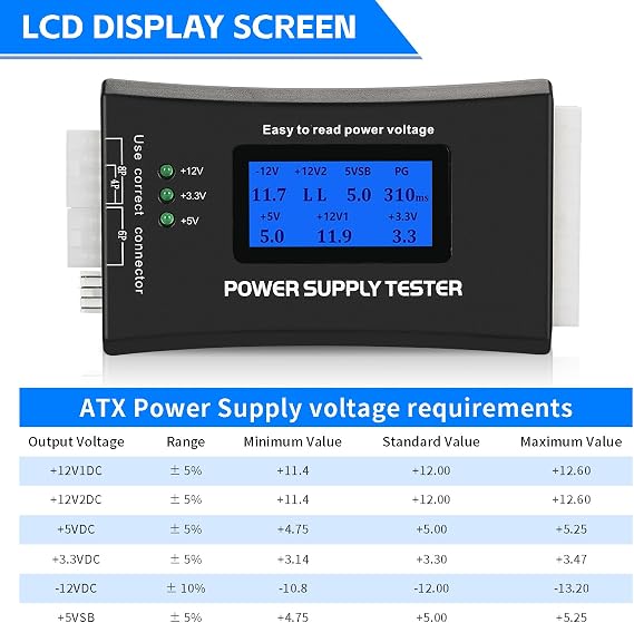 Computer PC Power Supply Tester, ATX Power Supply Host Inspection Maintenance Tool, PSU Tester, Detect with 20/24 Pin LCD Display for ATX,BTX,ITX,TFX.