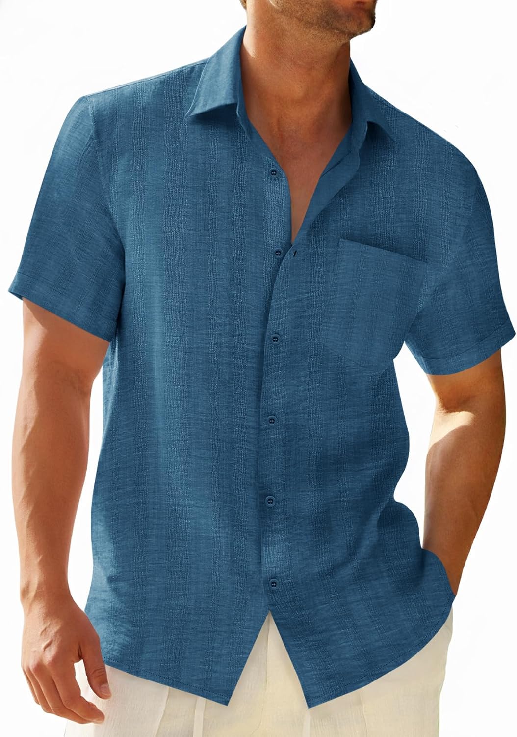 Runcati Mens Button Down Shirts Casual Short Sleeve Shirt Textured Linen Summer Beach Tops with Pocket