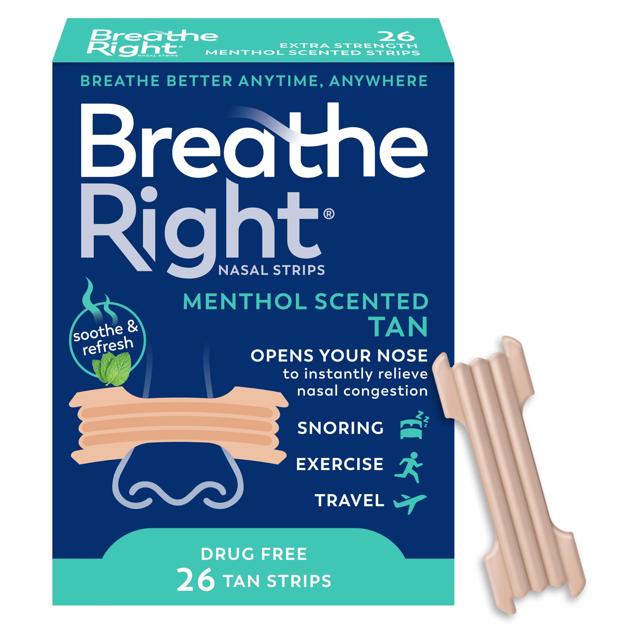 Breathe Right Nasal Strips, Extra Strength, Menthol Scent, Tan, 26ct