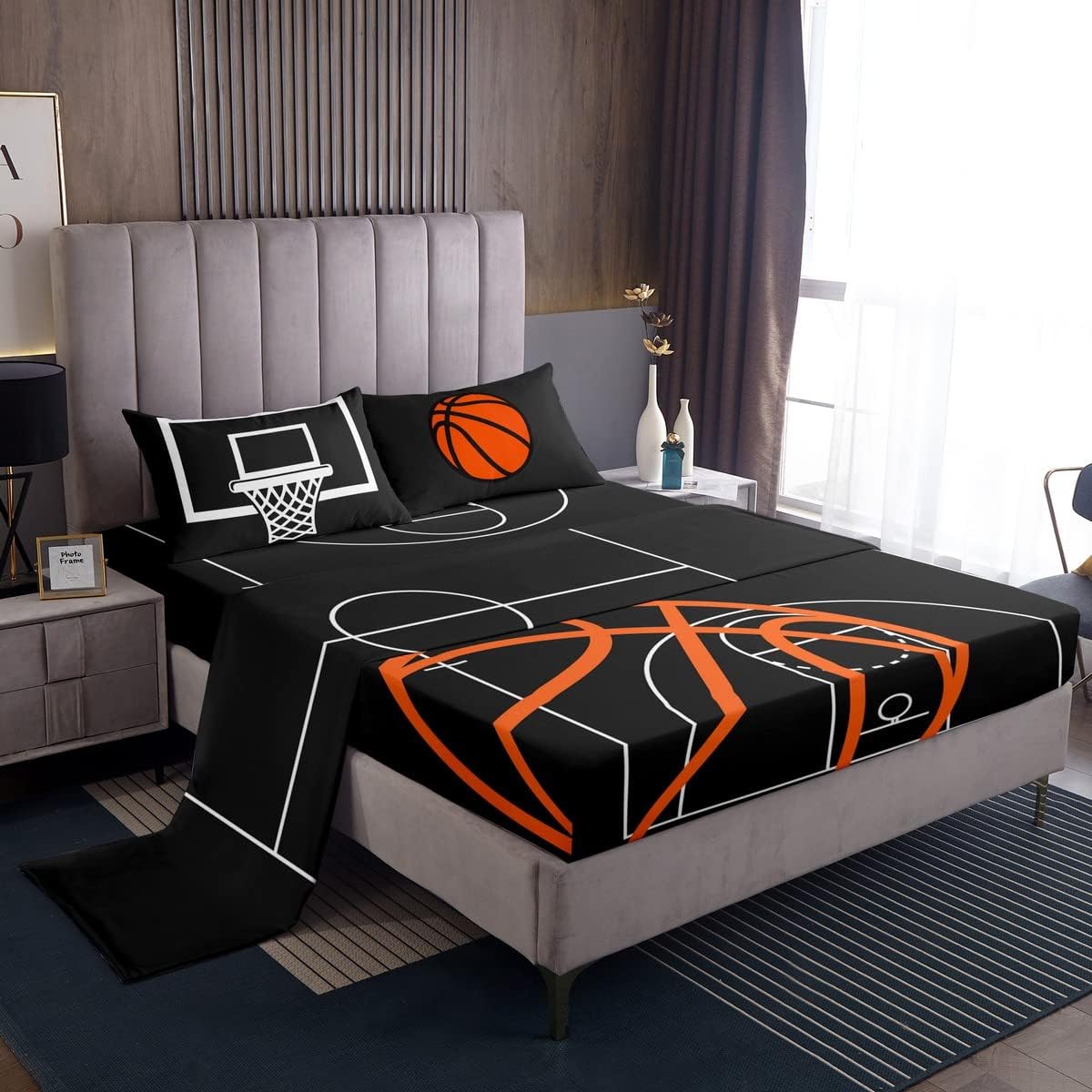 Basketball Court Print Bed Sheet Set Twin Size,Ball Sports Games Themed Bedding Decor Set with 1 Flat&1 Fitted Sheet with 1 Pillow Sham,Orange Basketball and Hoop Bedding Set for Kids Boys Gift