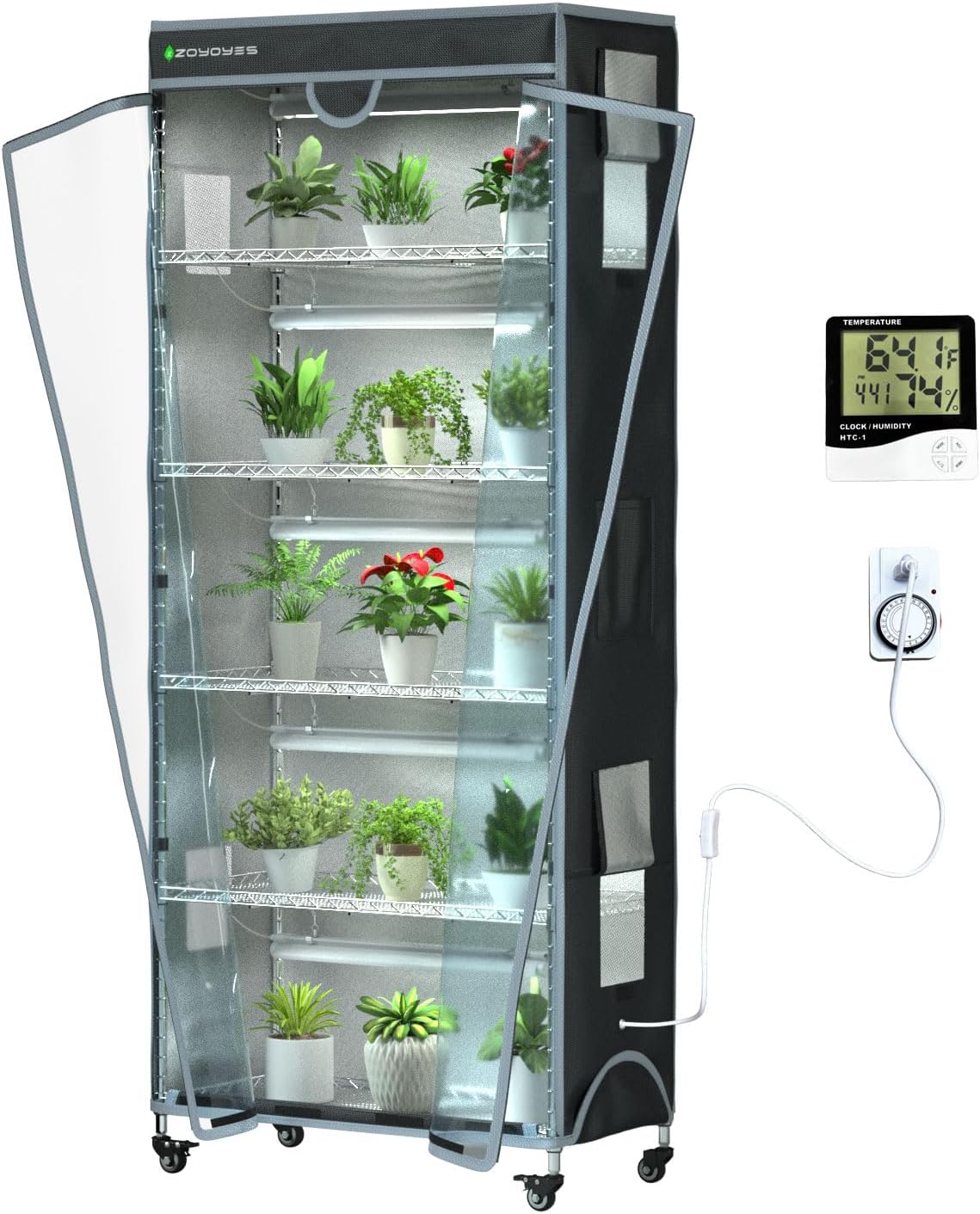 Plant Greenhouse 6-Tiered Heavy Duty Metal Growth Shelf with 5 Sets T8 Grow Light Rack Cover Thermometer Timer for Seedling Cultivation Reproduction Flowering,30" LX14 WX72 H