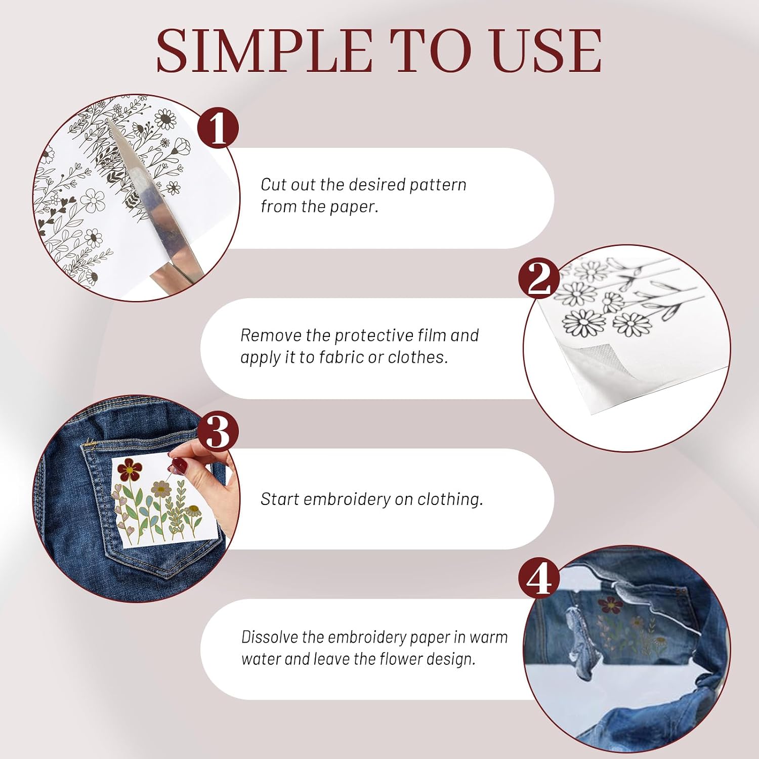 Water Soluble Embroidery Patterns,Stick and Stitch Embroidery Paper Wash Away,6Pcs Stick and Sew Patterns Set with 21 Thread,1 Needle,18 Floral Patterns Transfer Paper Stabilizers (White)
