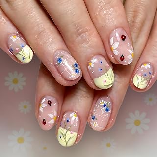 Pink Press on Nails–24Pcs Acrylic Fake Nails | Reusable Ladybug & Flower Spring Design | Glossy False Nails for Women Teens Students