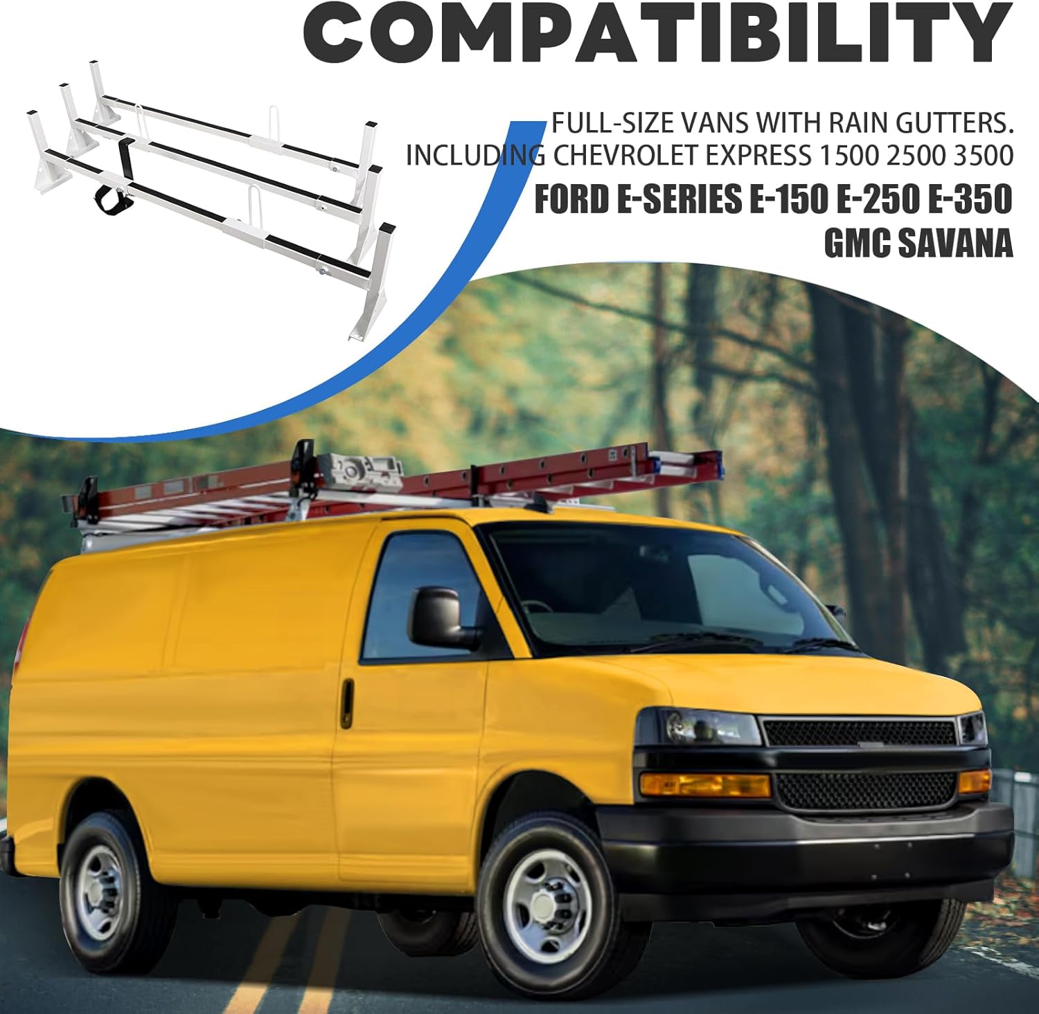 HECASA Universal Van Ladder Rack Full-Size Compatible with Chevrolet Express 1500 2500 3500 Ford E150 250 350 GMC Savana 3 Bars Roof Rack Steel White NN774