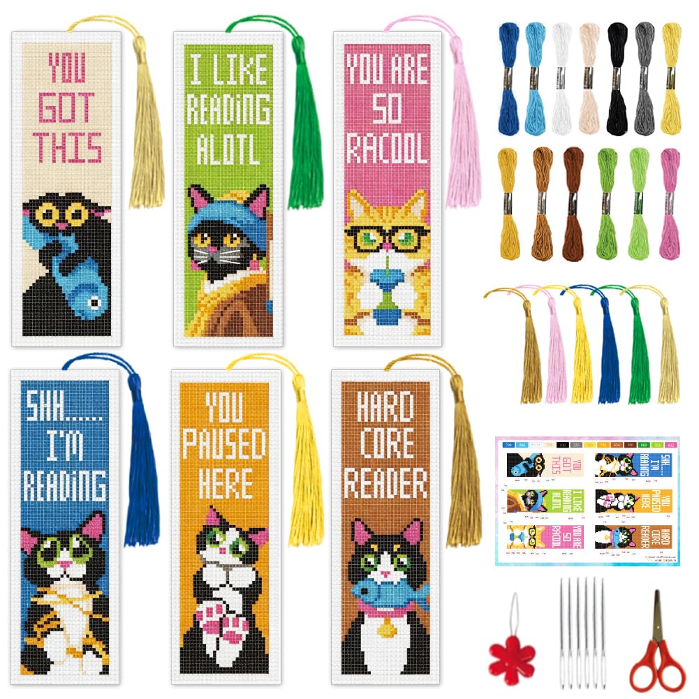 INFUNLY 6 Pcs Stamped Cross Stitch Bookmark Kit for Book Lovers — image 1