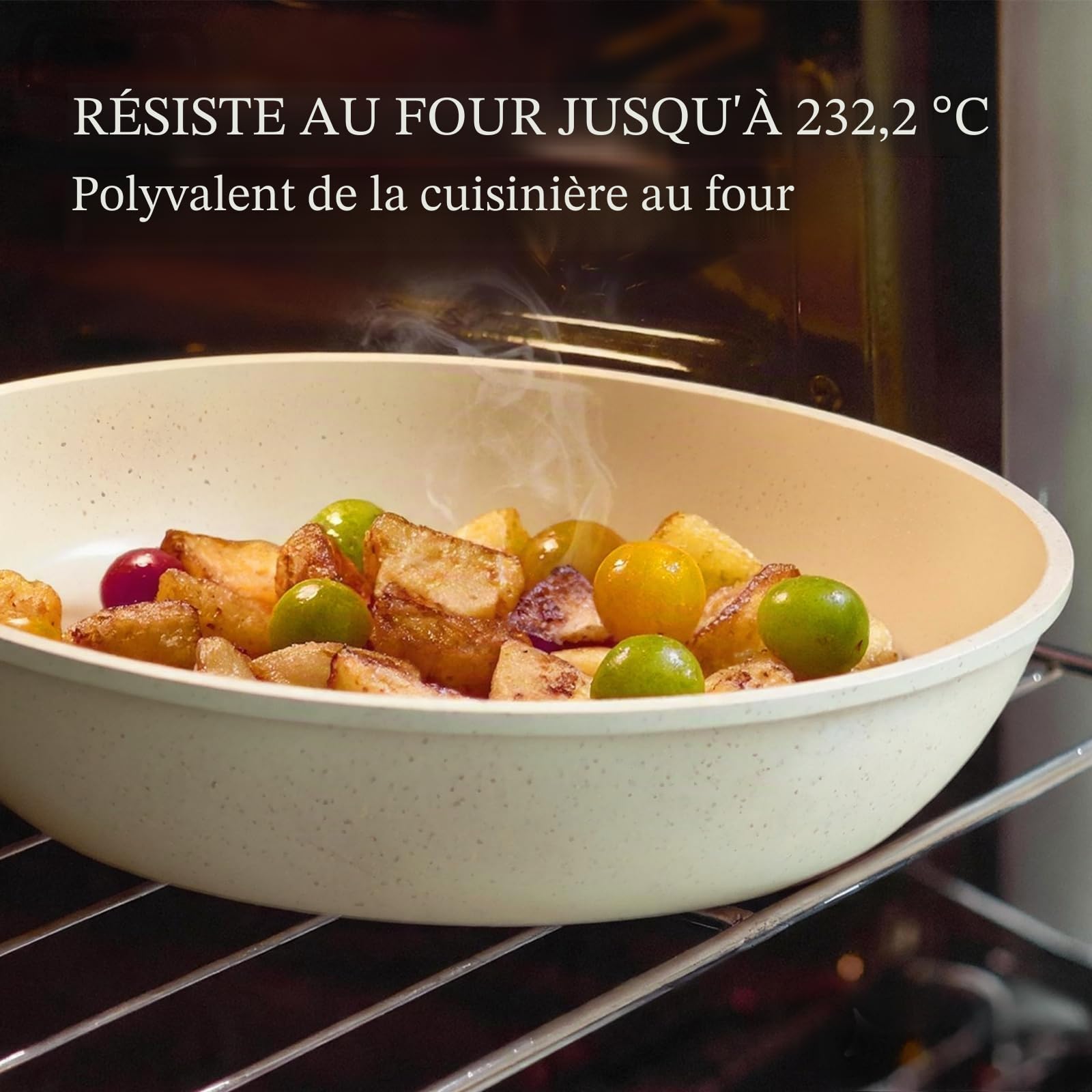 Set de 8 Pièces Casseroles et Poêles Antiadhésifs en Céramique, Sans PFOA — Compatible avec Induction/Gaz, Poignées Amovibles, Conception Empilable et Lavable au Lave-Vaisselle Blanc crème