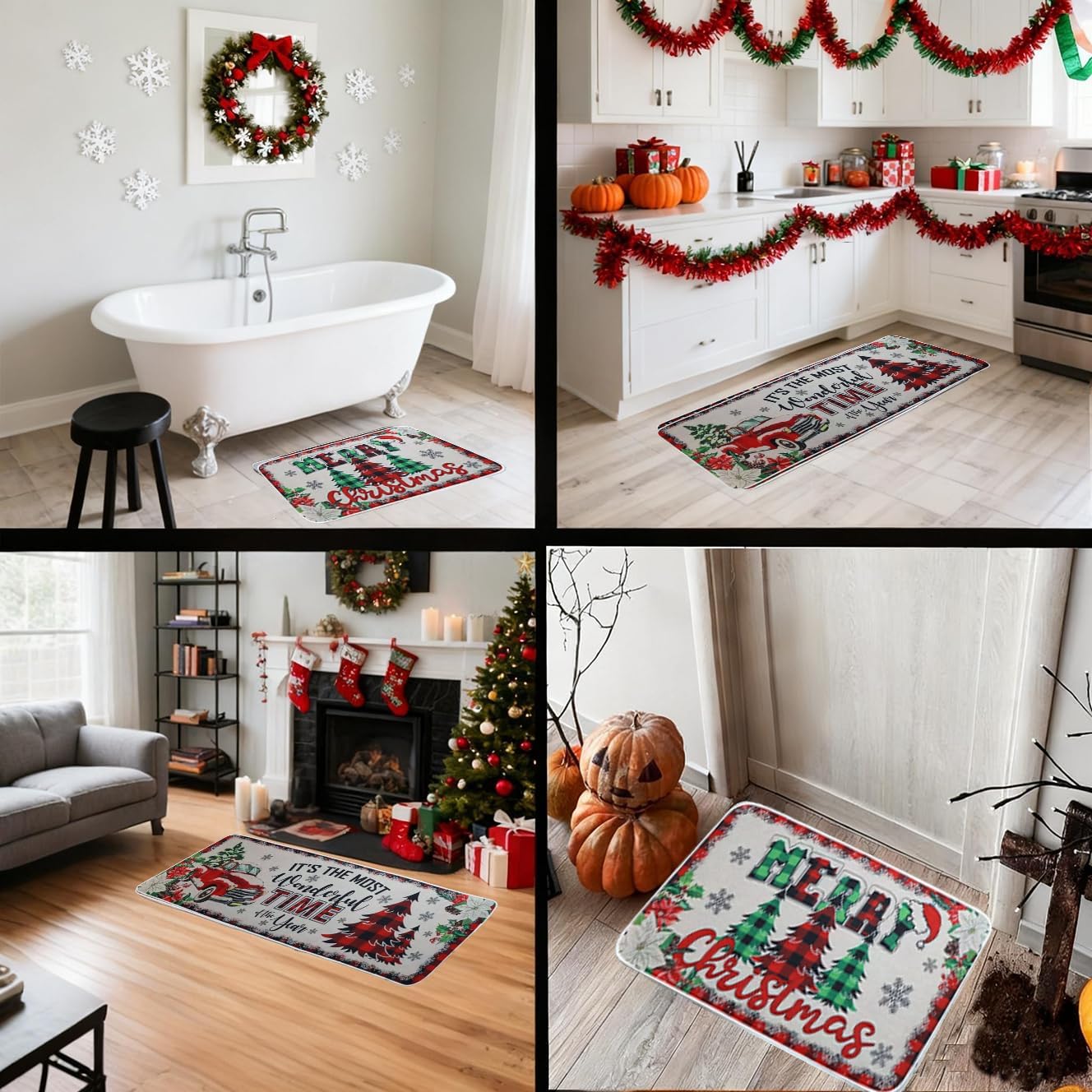 Christmas Kitchen Rugs and Mats Set of 2, Farmhouse Truck Tree Christmas Decorations, Winter Home Decor Non-Slip Washable Kitchen Rugs for Floor Indoor Bathroom, 17" x27+17" x47