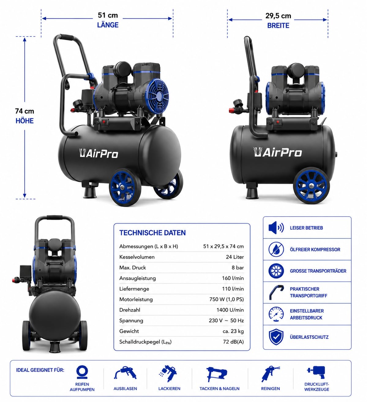 Airpro Compressore d'aria 2 CV, serbatoio da 24 l, compressore ad aria compressa senza olio (72 dB), 8 bar, 250 l/min, esente da manutenzione per officina e casa