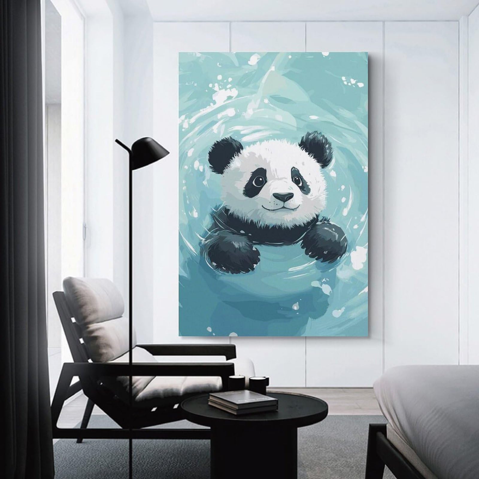 Junmoney Cute Panda Swimming in Blue Water Decorative Wall Artwork 24x36inch(60x90cm), for Home Lounge, Bedroom Or Reading Nook, Easy Decor for Gallery Walls