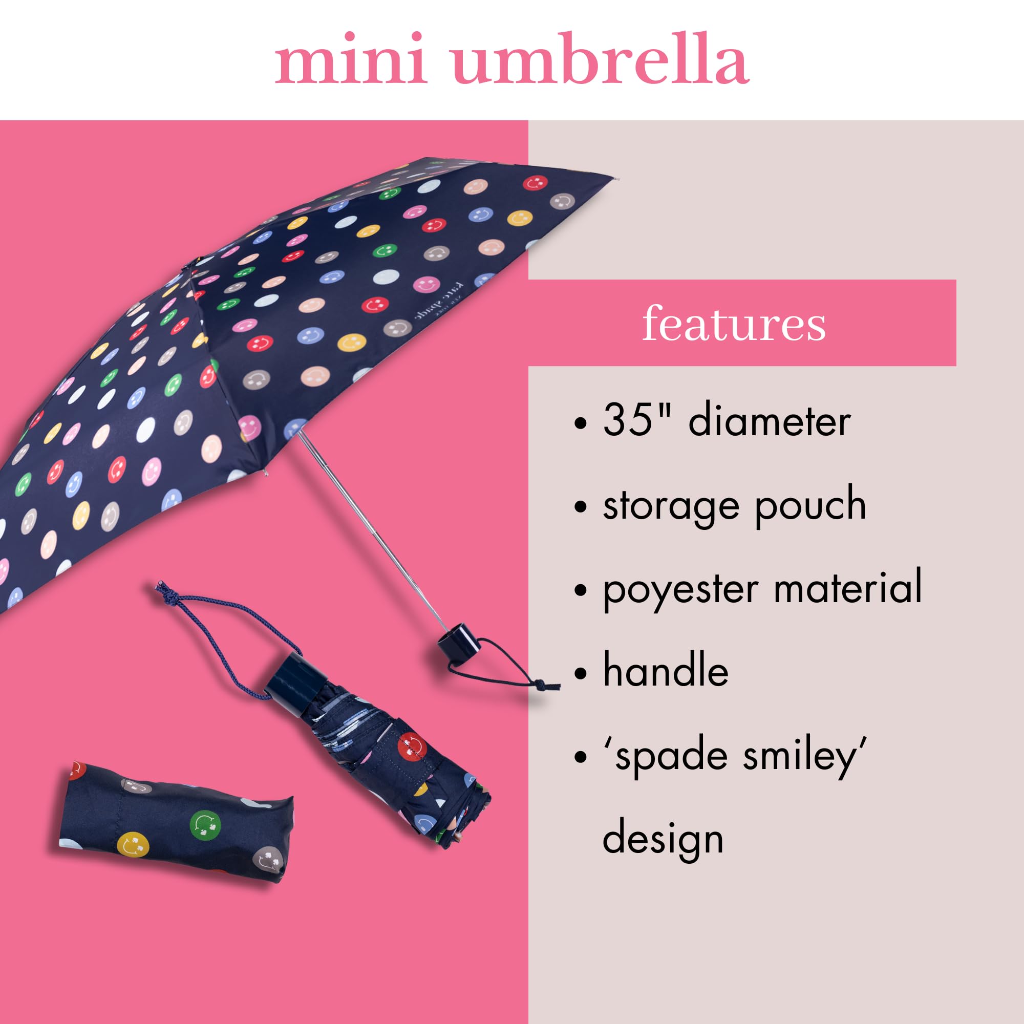 kate spade new york Mini paraguas de viaje con funda de almacenamiento, compacto para mochila o coche (pala sonriente)
