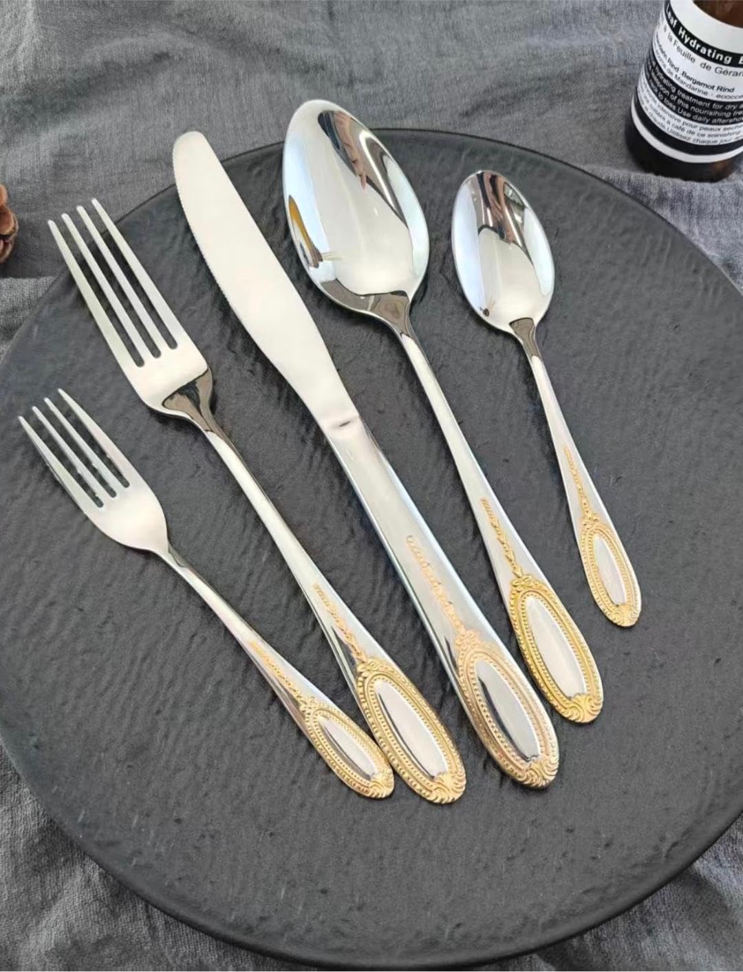 CASAMILANO 20-Piece Stainless Steel Flatware Set for 4, Gold Plated Cutlery with Beaded Medallion Design, Mirror Polish, Dishwasher Safe