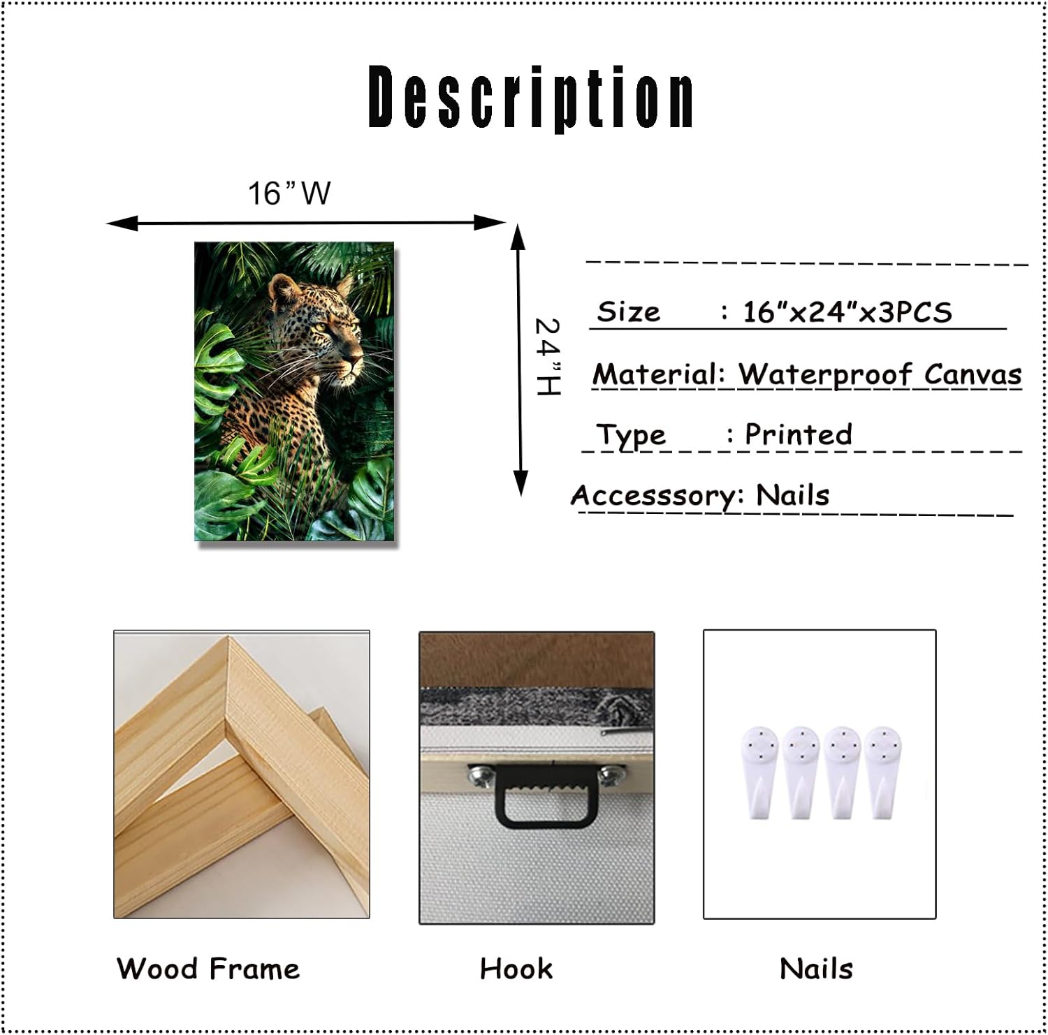 Derkymo Cool Leopard Paninting Prints Powerful Animal with Tropical Leaves Wall Art Modern Home Decoration Artwork Gallery Wrapped Framed Ready to Hang (16"x24"x3pcs)