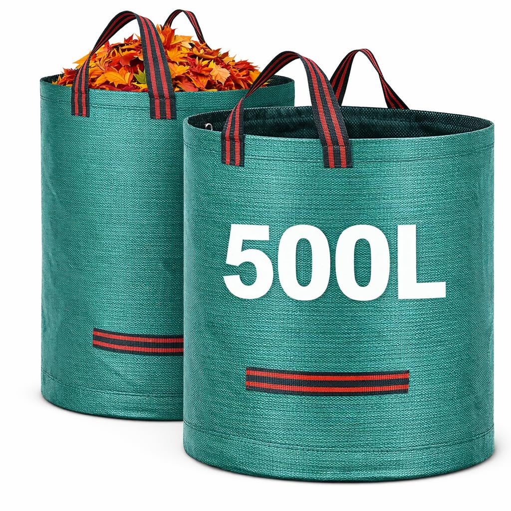 Garden Waste Bags, 500L Capacity, Heavy Duty Reusable Sacks with Handles, Set of 2, Green