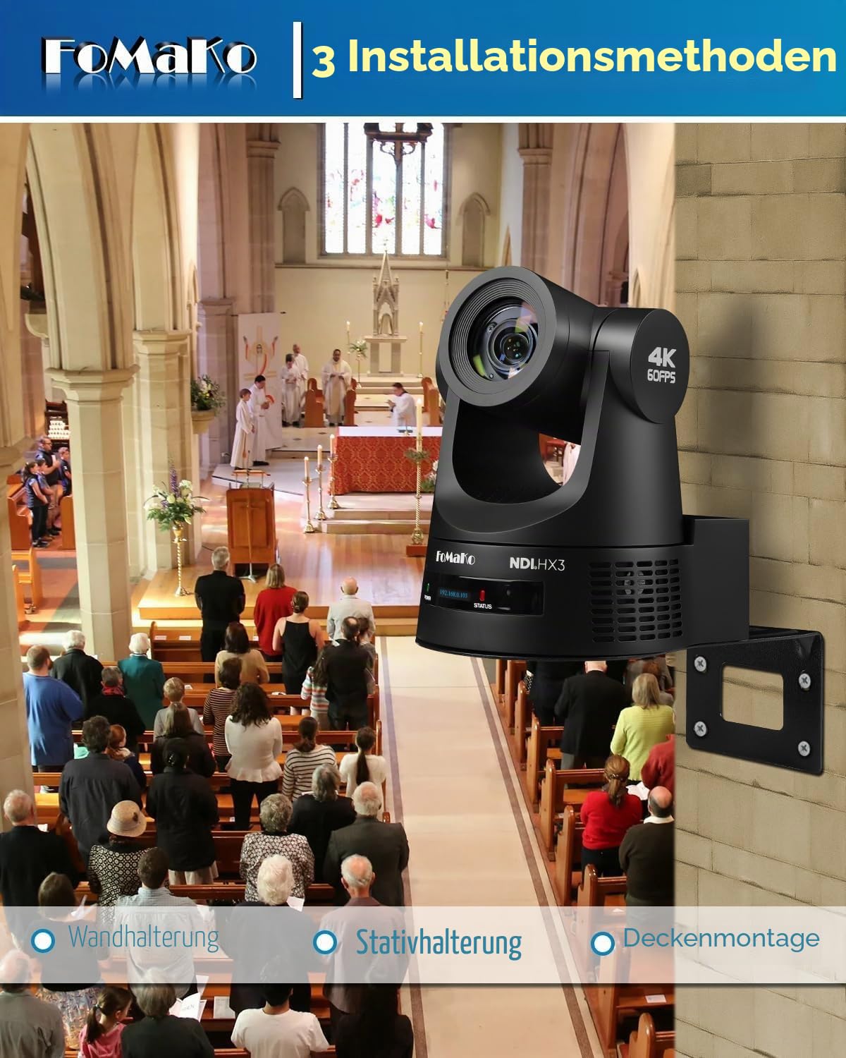 FoMaKo 4K 60FPS NDI HX3 PTZ Kamera, 30x Optischer Zoom, NDI-Ausgang 4K@60, KI-Auto-Tracking, 3G-SDI HDMI2.0 LAN PoE USB3.0, Professionelle NDI-Live-Streaming-PTZ-Kamera (K630N)