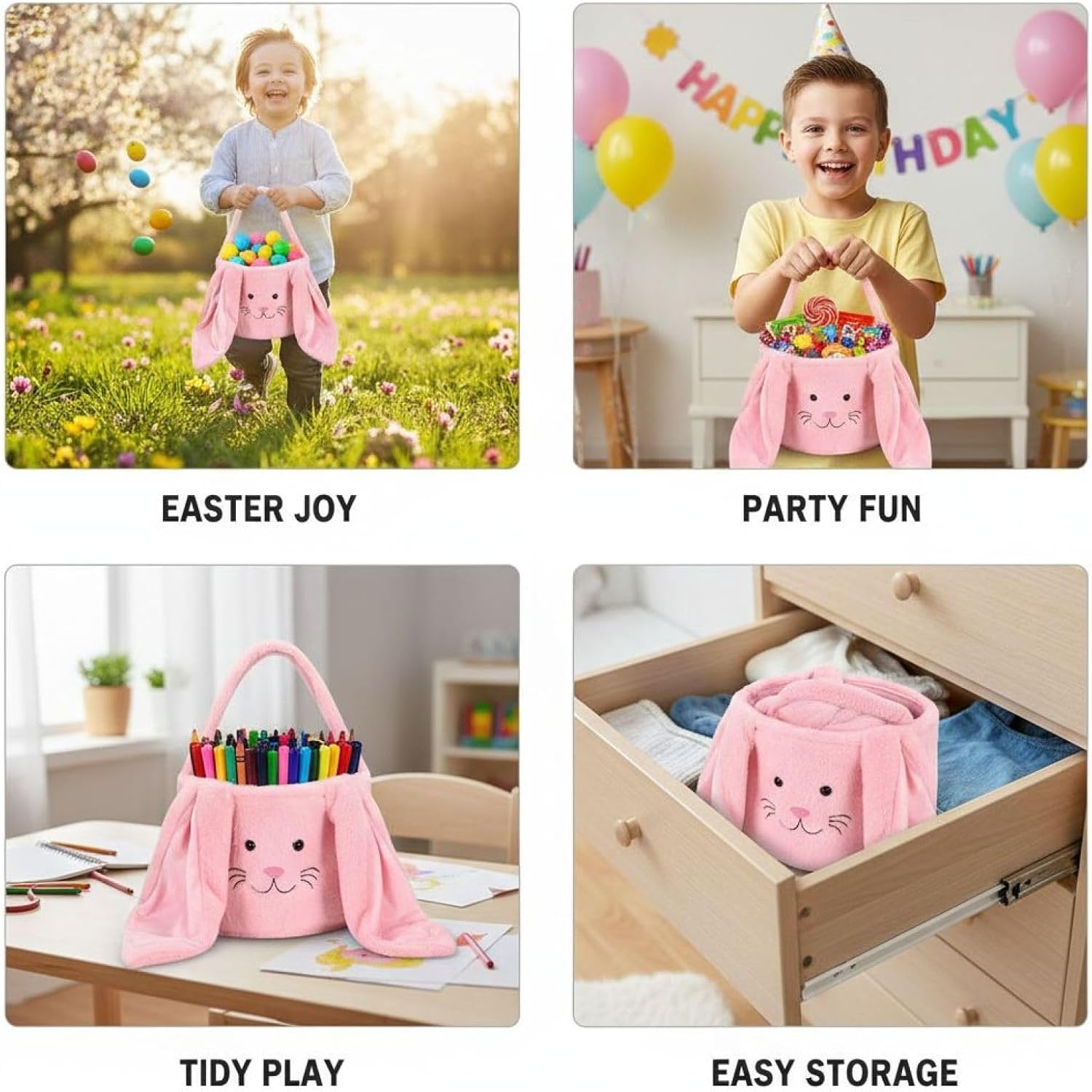 Plush Animal Spring Bag, Rabbit Shaped Handbag, Soft Candy Basket with Easy-Grip Handle, 9.4 X 7.9 in, Ideal for Egg Hunts, Parties, and Presents