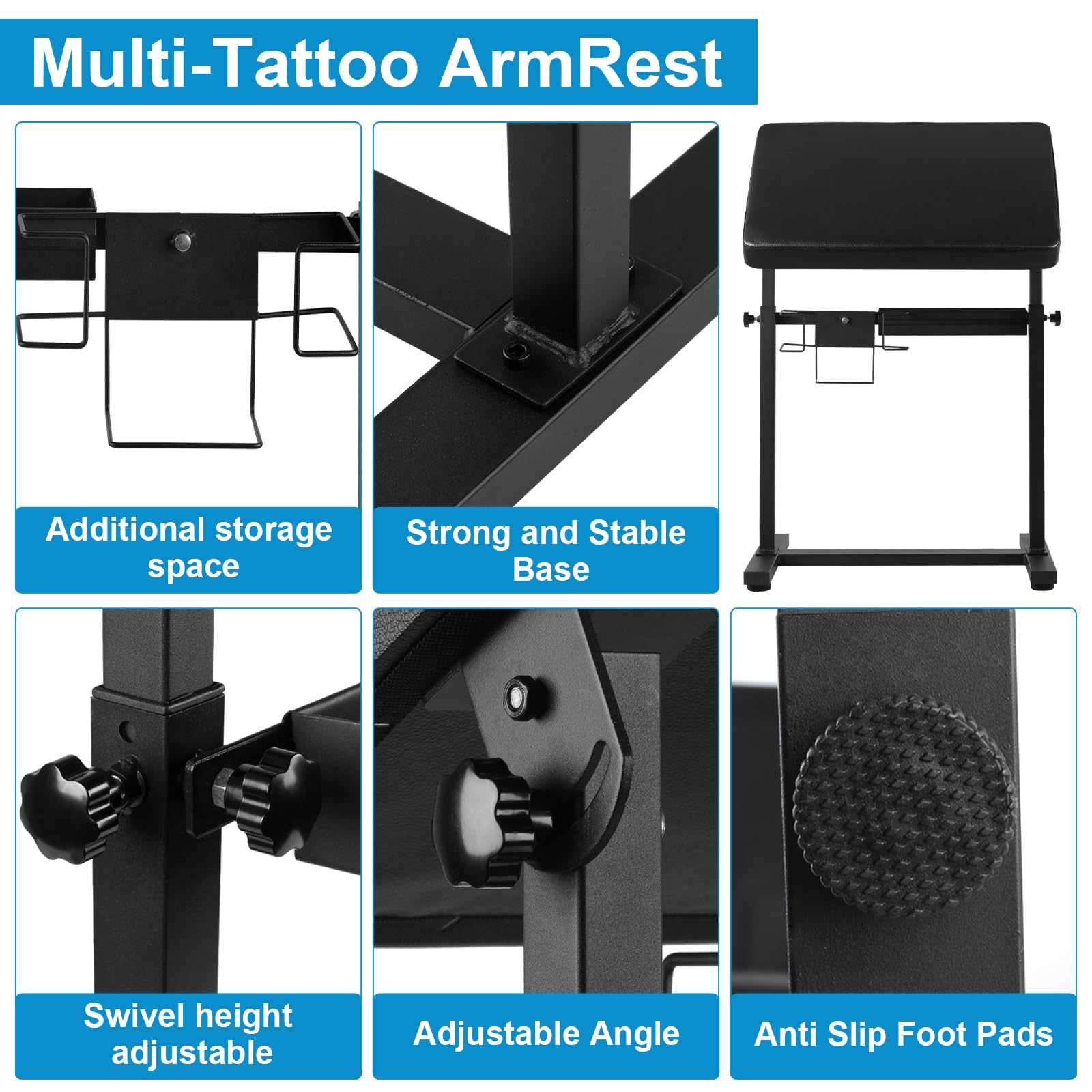 Tattoo Arm Rest Stand, Large Armrest Tattoo with Rack and Storage Compartment, Tattoo Armrest Stand with PU Leather Soft Sponge Pad, Adjustable Height & Angle for Tattoo Supplies