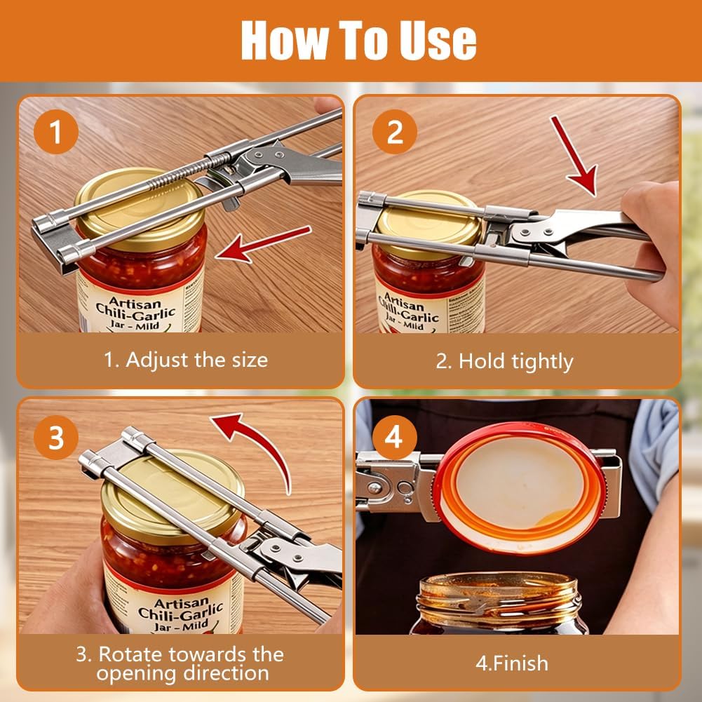 2026 Upgraded 4 in 1 Multi-Purpose Jar Opener, Stainless Steel Lid Remover with A Jar Lid Gripper, Specifically for Seniors, Arthritis and Weak Hands, Suitable for Beer, Salad Dressing, Jar