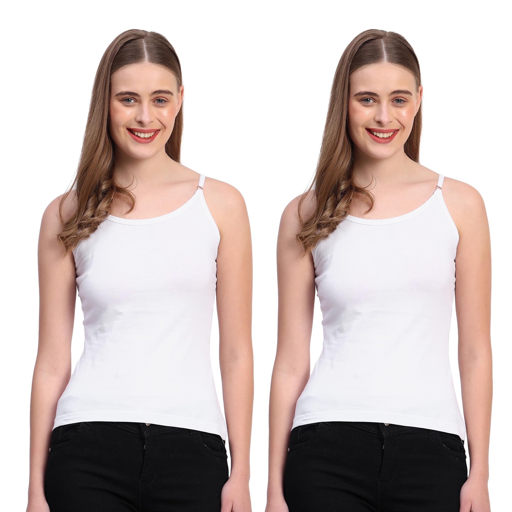 Women Pure Cotton Camisole (Black & White) – Soft Stretchable Innerwear/Layering Top – Adjustable Spaghetti Straps – Breathable & Comfortable-image-42