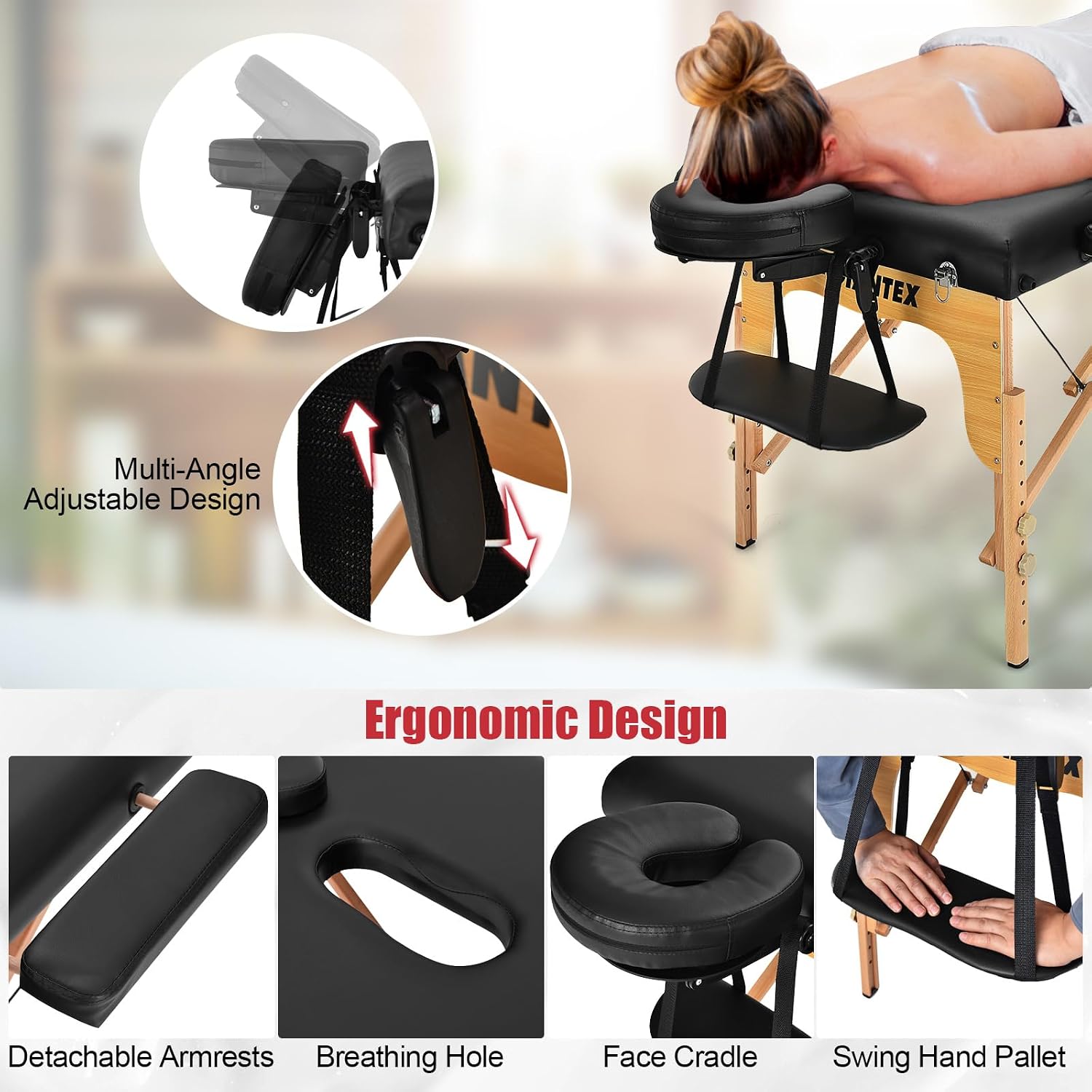 Giantex 84inch Folding Massage Table Lash Bed, Portable 3 Sections Spa Salon Tattoo Bed with Face Cradle Armrests Wooden Legs, Professional Massage Bed Height Adjustable with Carry Case (Black)