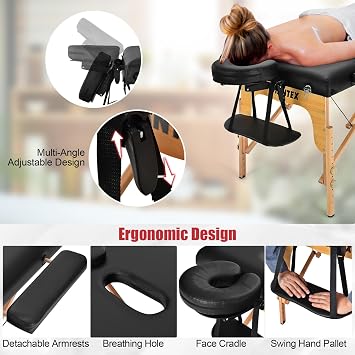 Giantex 84inch Folding Massage Table Lash Bed, Portable 3 Sections Spa Salon Tattoo Bed with Face Cradle Armrests Wooden Legs, Professional Massage Bed Height Adjustable with Carry Case (Black)