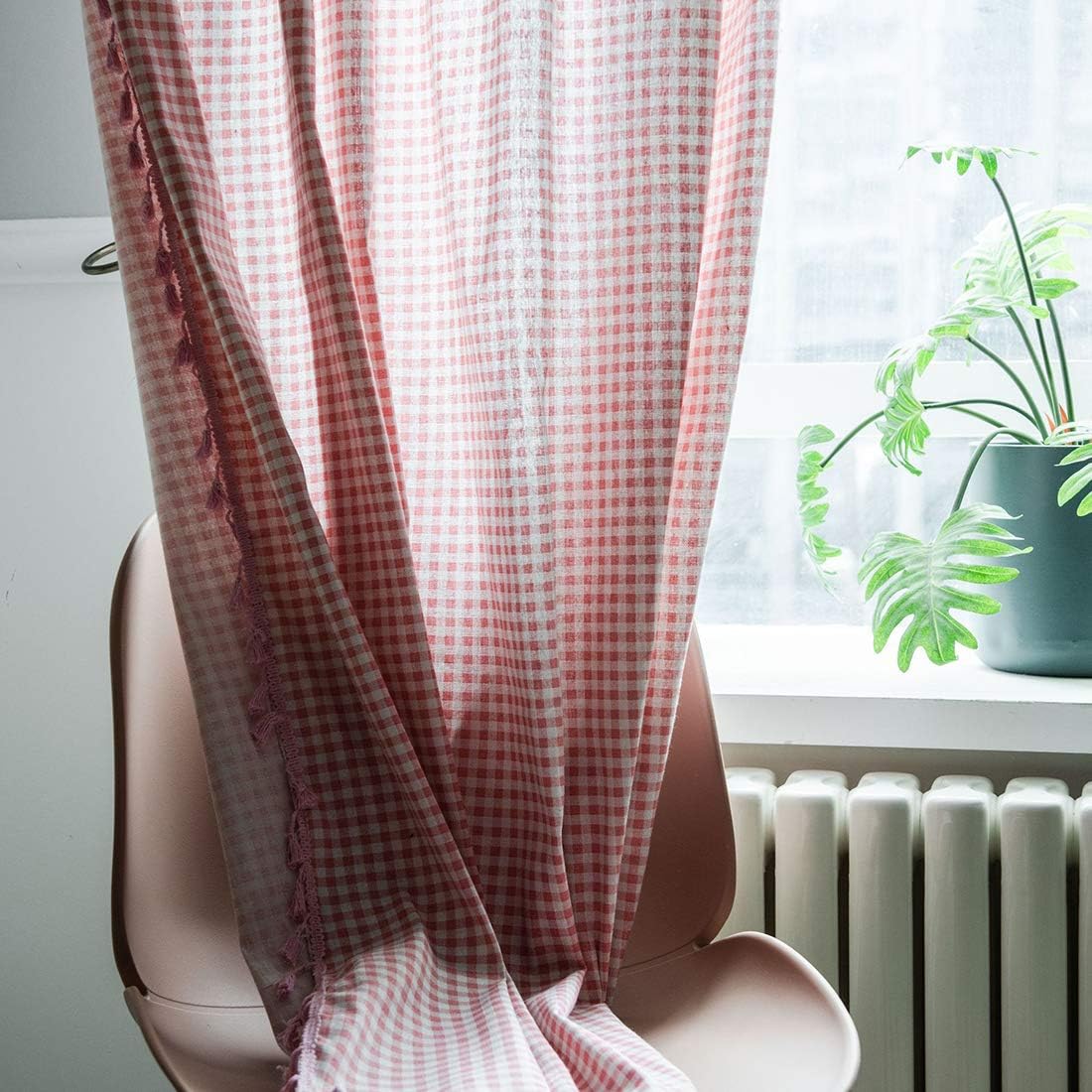vctops Farmhouse Cotton Linen Buffalo Plaid Window Curtain Panel with Pink Tassels Boho Gingham/Check Pattern Room Darkening Curtain Panel, 1 Piece (59"x87",Pink)