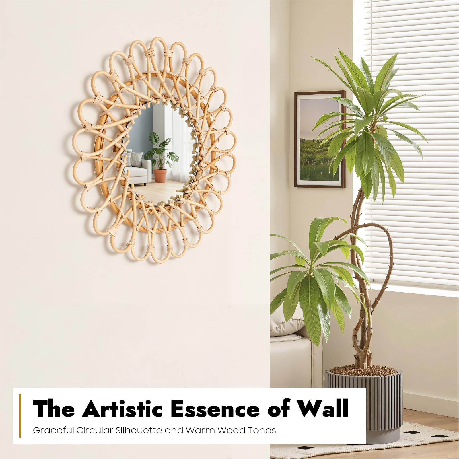 Espejo de ratán trenzado a mano, diámetro total 40 cm, redondo con espejo de 20 cm, decoración natural para salón y pasillo, espejo de pared con gancho para colgar, en color madera