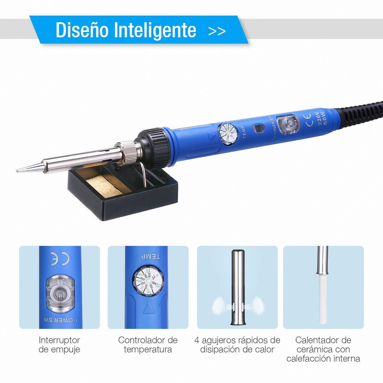 Powerextra Kit Soldador Soldador Electrónica de Estañoo con Caja de  Herramienta 220V 60W Soldadores Temperatura Ajustable 200 ° C ~ 450 ° C  Bomba Desoldadora Pinzas Antiestáticas Mecha de Soldadura Eléctrica  industrial
