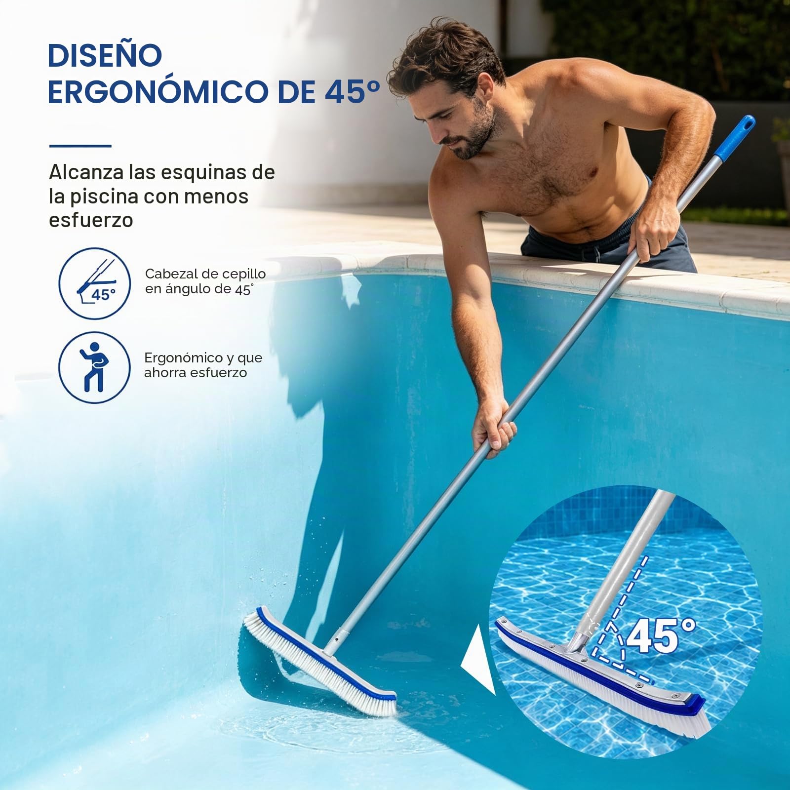 Cepillo Piscina con Mango Telescópico 180cm, Cepillo de Limpieza Piscina 45 cm, Escoba Piscina con 5 Tubos de Aluminio, Kit Limpieza con Esponja, Paño y Guante para Fondo, Paredes y Escaleras
