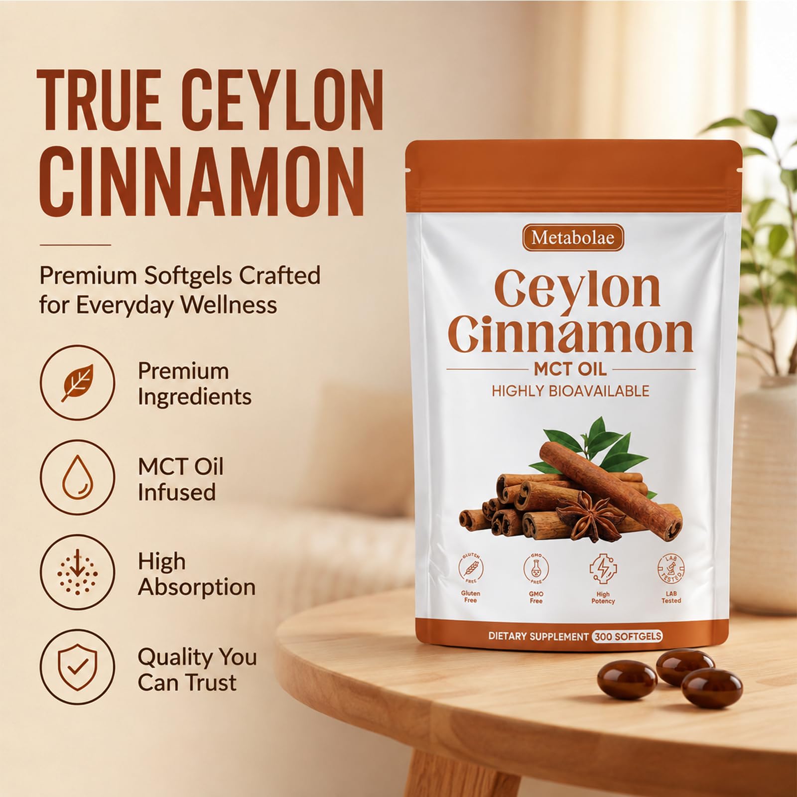 Metabolae Ceylon Cinnamon SoftGels with MCT Oil, Highly Bioavailable Herbal Extract, Non-GMO, Gluten Free - 300 Softgels (1pcs) — Amazon image 2