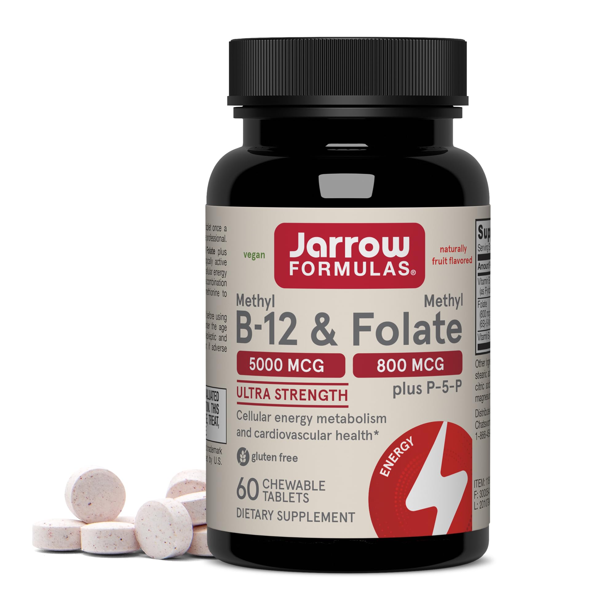 Jarrow Formulas Methyl B-12 & Methyl Folate, Bioactive Vitamin B9 and Vitamin B12 Supplement, Supports Cellular Energy Production, Healthy Brain Function & Metabolism, 60 Chewable Tablets, 60 Servings