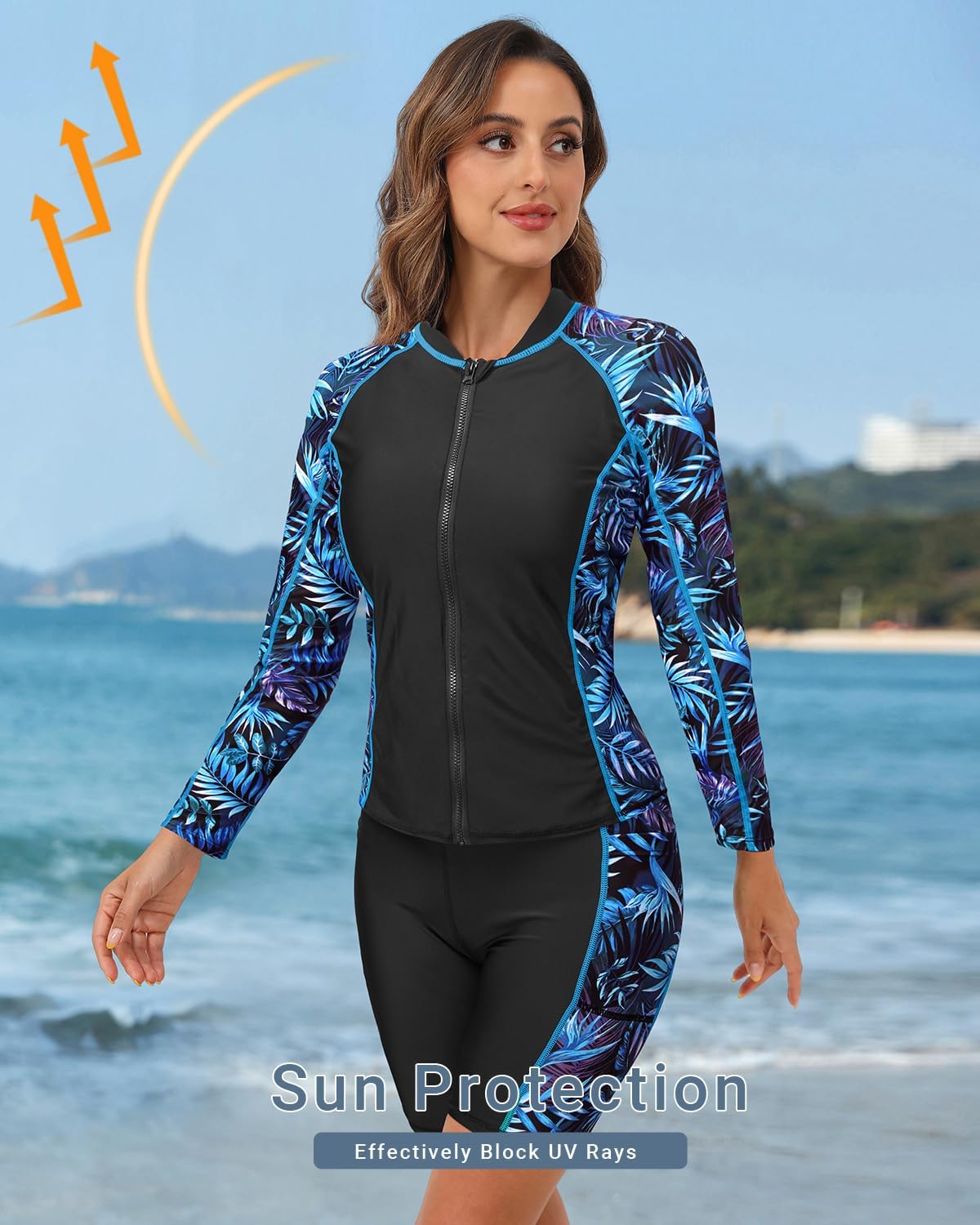Daci Women 3 Piece Rash Guard - 3PC Long Sleeve Zip up Swim Shirt Sports Bra Modest Swimsuit with Shorts