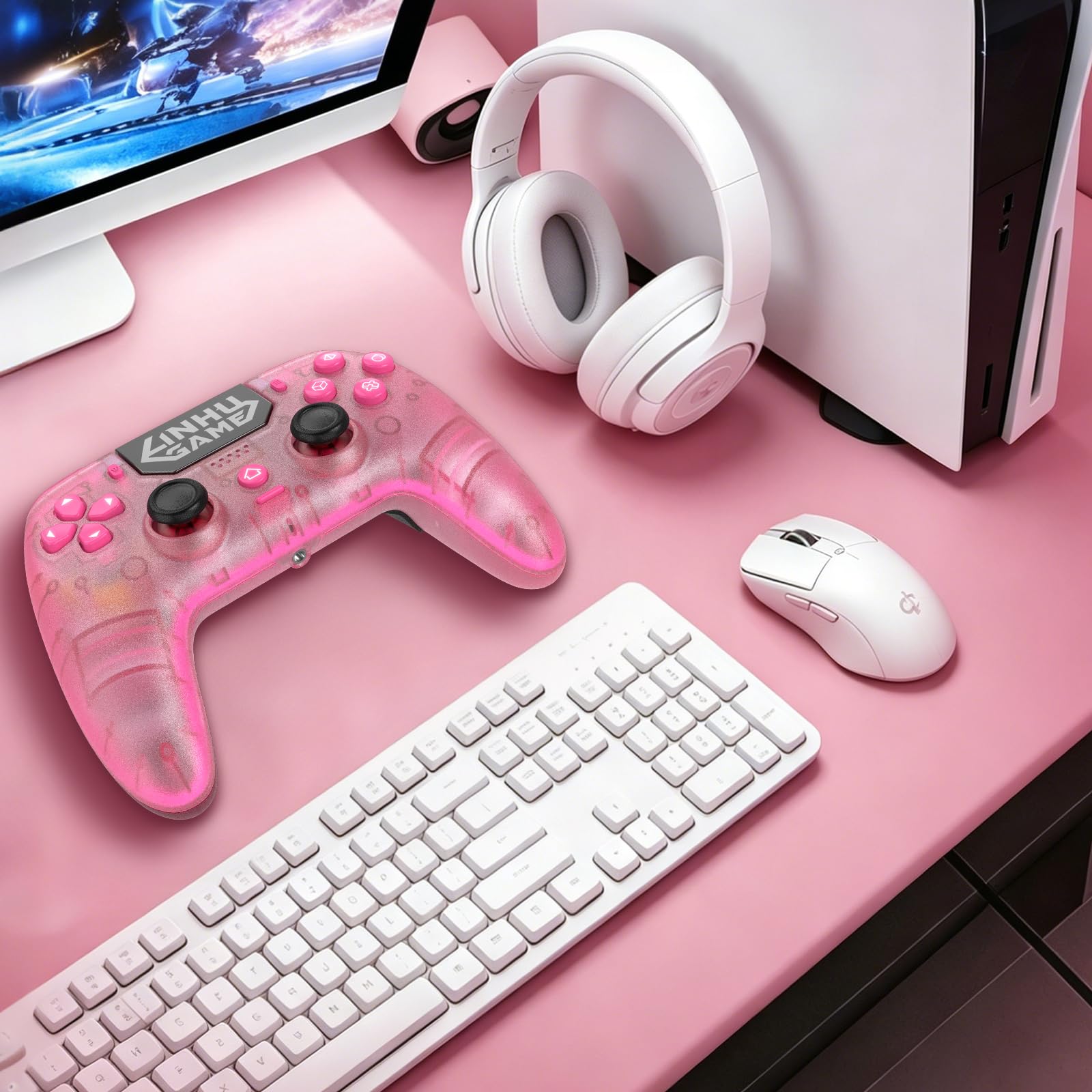 linhugame Controller wireless per P5/Pro/Slim/PC, con guscio trasparente/luce nastro RGB/Joyticks effetto Hall e trigger/Macro/Turbo/jack audio da 3,5 mm/altoparlante e microfono/gamepad batteria