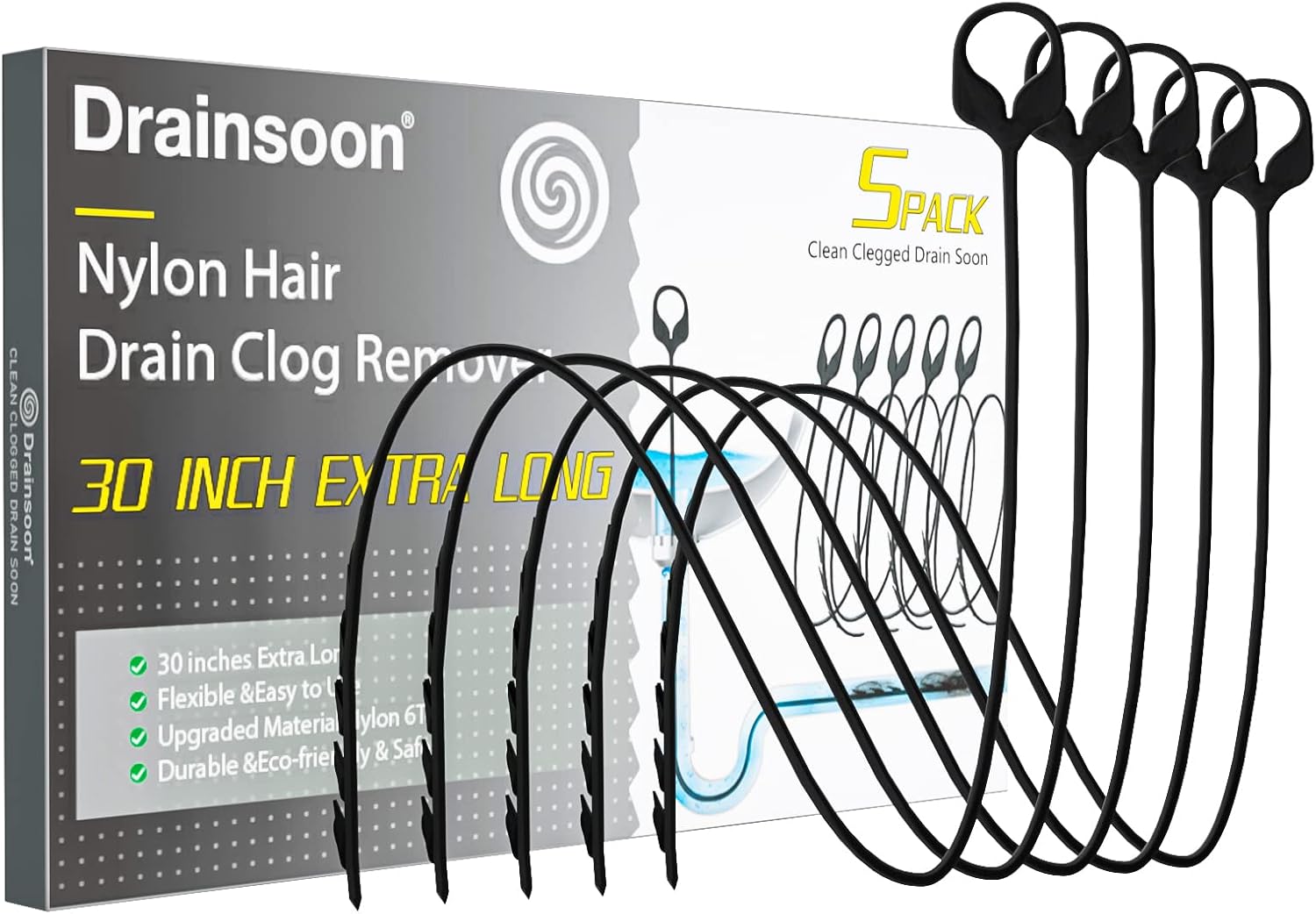 Drainsoon 30 Inch Long Sink Snake Drain Clog Remover, Nylon Antibreak