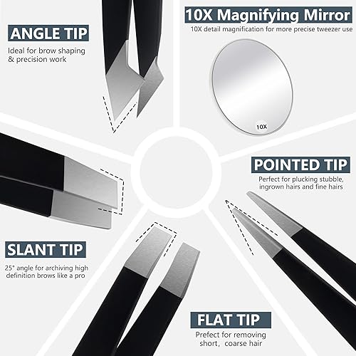 Miniatura 2 de Pinzas y espejo de aumento 10X, espejo de viaje con aumento portátil y juego de pinzas profesionales para el aseo de las cejas, el vello facial, la