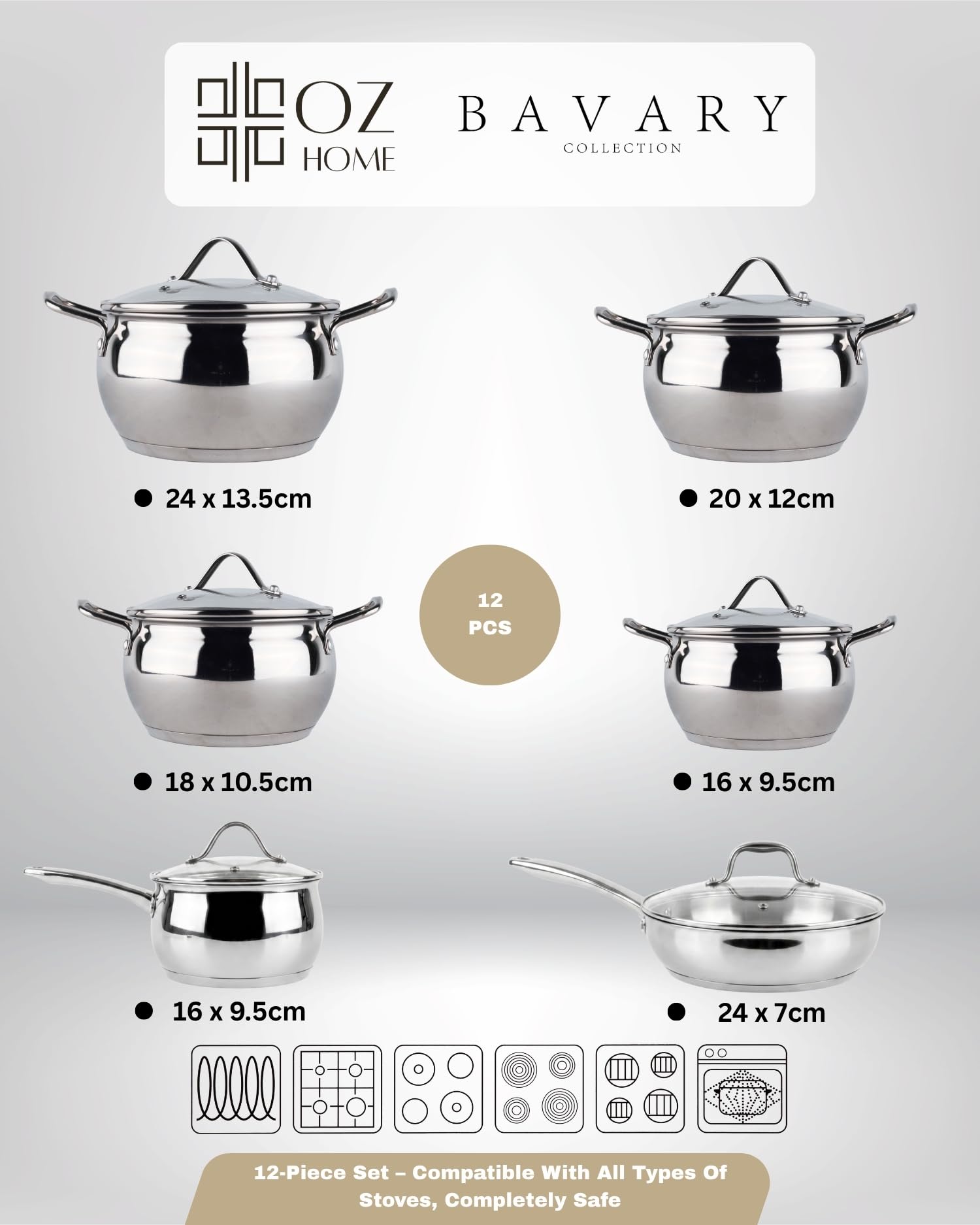 BAVARY - Set di 12 padelle e padelle in acciaio inox 18/10, pentole e padelle, per tutti i piani cottura, casseruola grande, set di pentole Supercapsule in acciaio inox, padella con coperchio, pentole