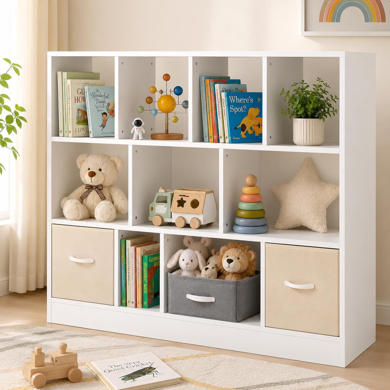 Montessori Bibliotheque Enfant Blanc avec Passe-Cable, Grand Meuble Rangement Jouet Enfant, Etagere de Chambre Separateur de Piece Anti-basculement,126x30x100cm