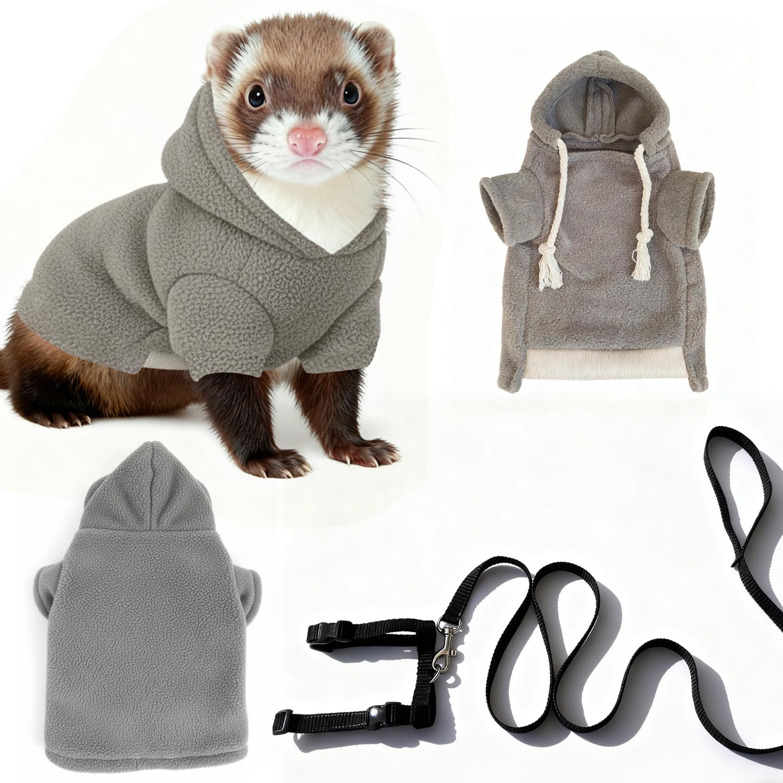 Small Pet Harness Vest and Leash Set Ferret Clothes Hoodies for Ferrets for Outdoor Walking Rabbit Ferret Guinea Pig Bunny Hamster Puppy Kitten (Gray clothes + leash)
