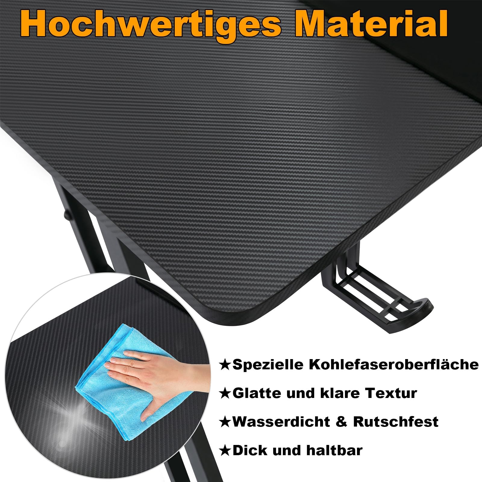 UISEBRT Mesa de gaming, mesa de ordenador para videojuegos con superficie de fibra de carbono, mesa ergonómica de hasta 150 kg, para dormitorio o oficina, 140 x 60 x 74 cm