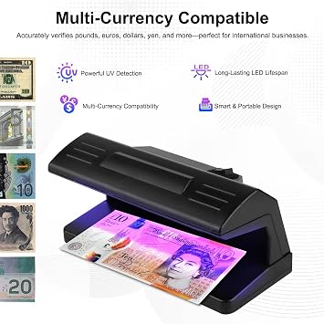 Note Checker for Counterfeit Money Detection UK Plug Portable UV Light Detector for Polymer and Paper Notes Fluorescent Mark Tracer for Home Shops Hotels Supermarkets Restaurants